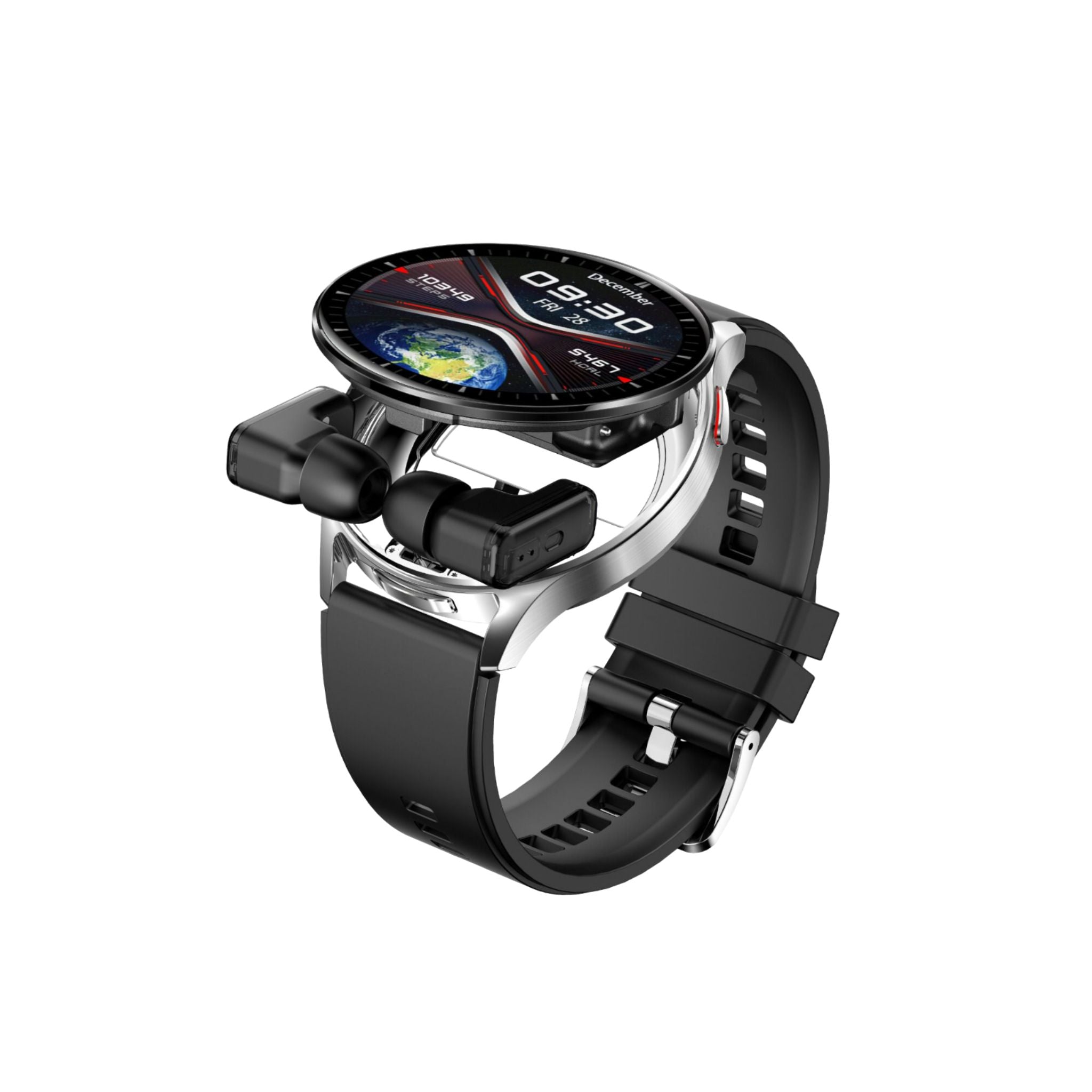 A black Porodo Pulse Smart Watch with a leather band and a digital black dial, alongside earbuds.