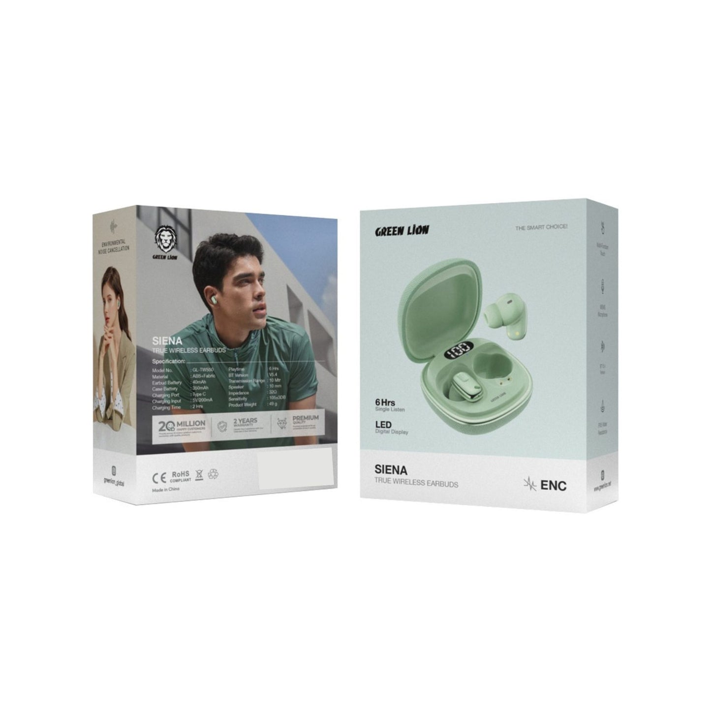 Green Lion Siena True Wireless Earbuds, Multi-Function Touch, LED Digital Display, IPX5 Water Resistance, Environmental Noise Cancellation, 6 Hours Play Time, Bluetooth 5.4 Version - Green