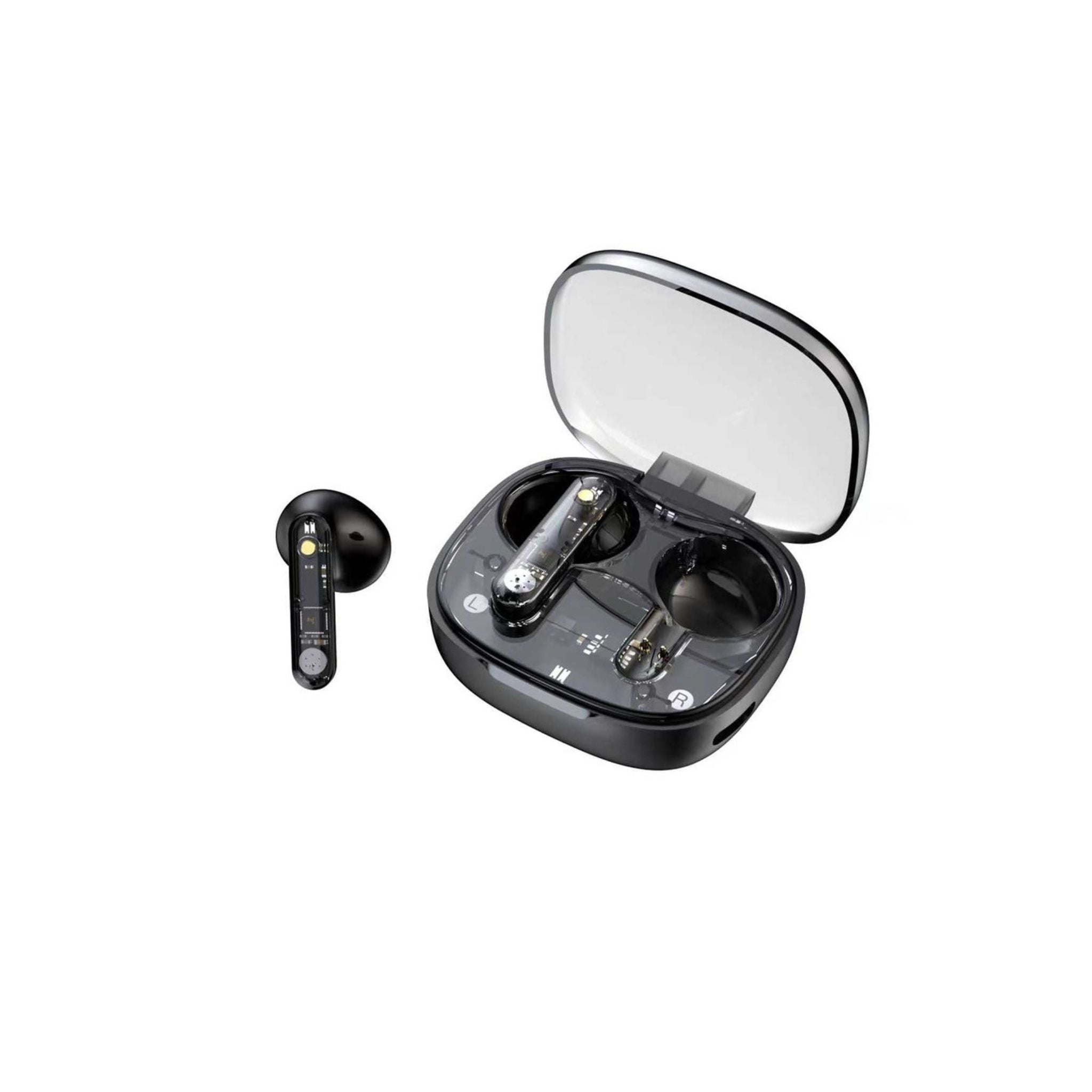 A pair of black wireless earbuds with a charging case open, displaying the earbuds and the charging status.