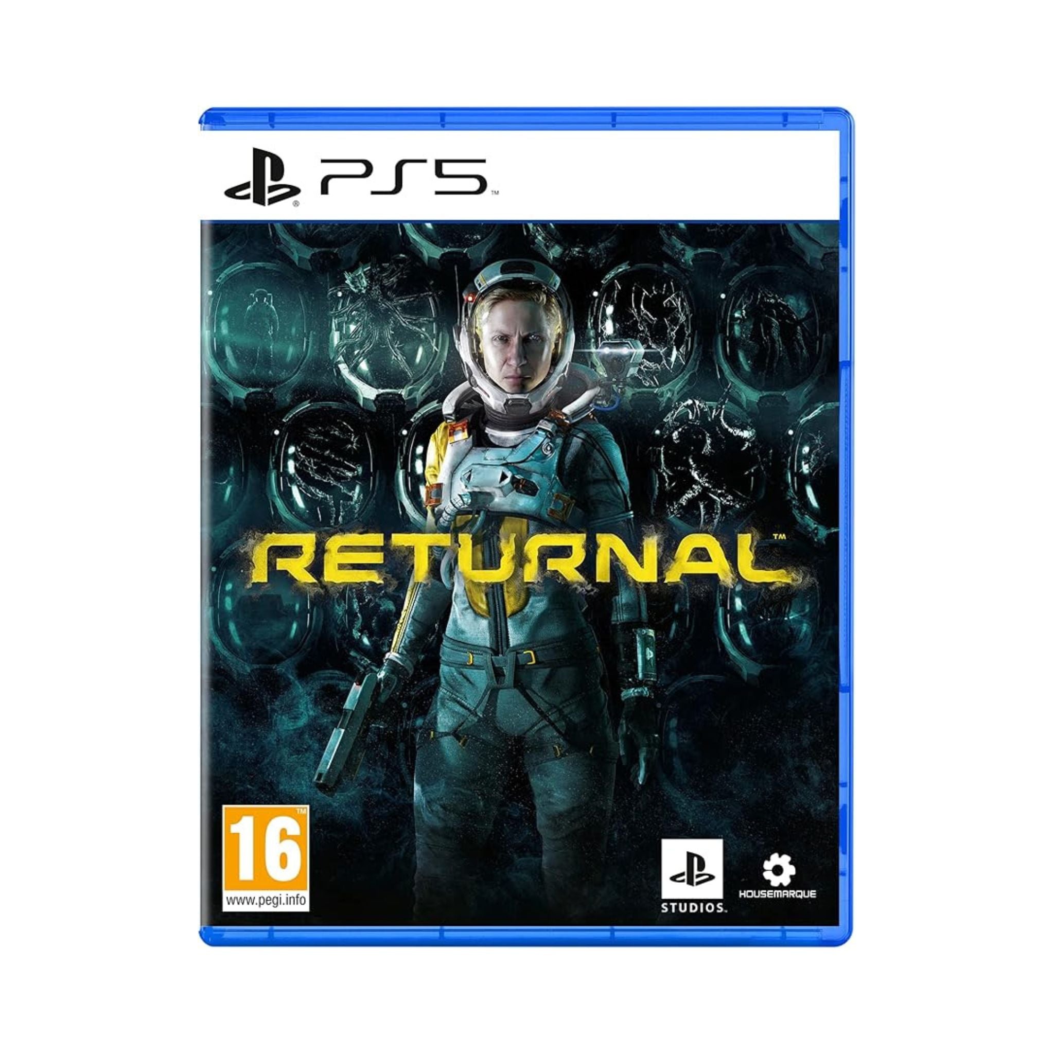 PlayStation 5 game disc for 'RETURNAL' with a character in space suit on a dark background