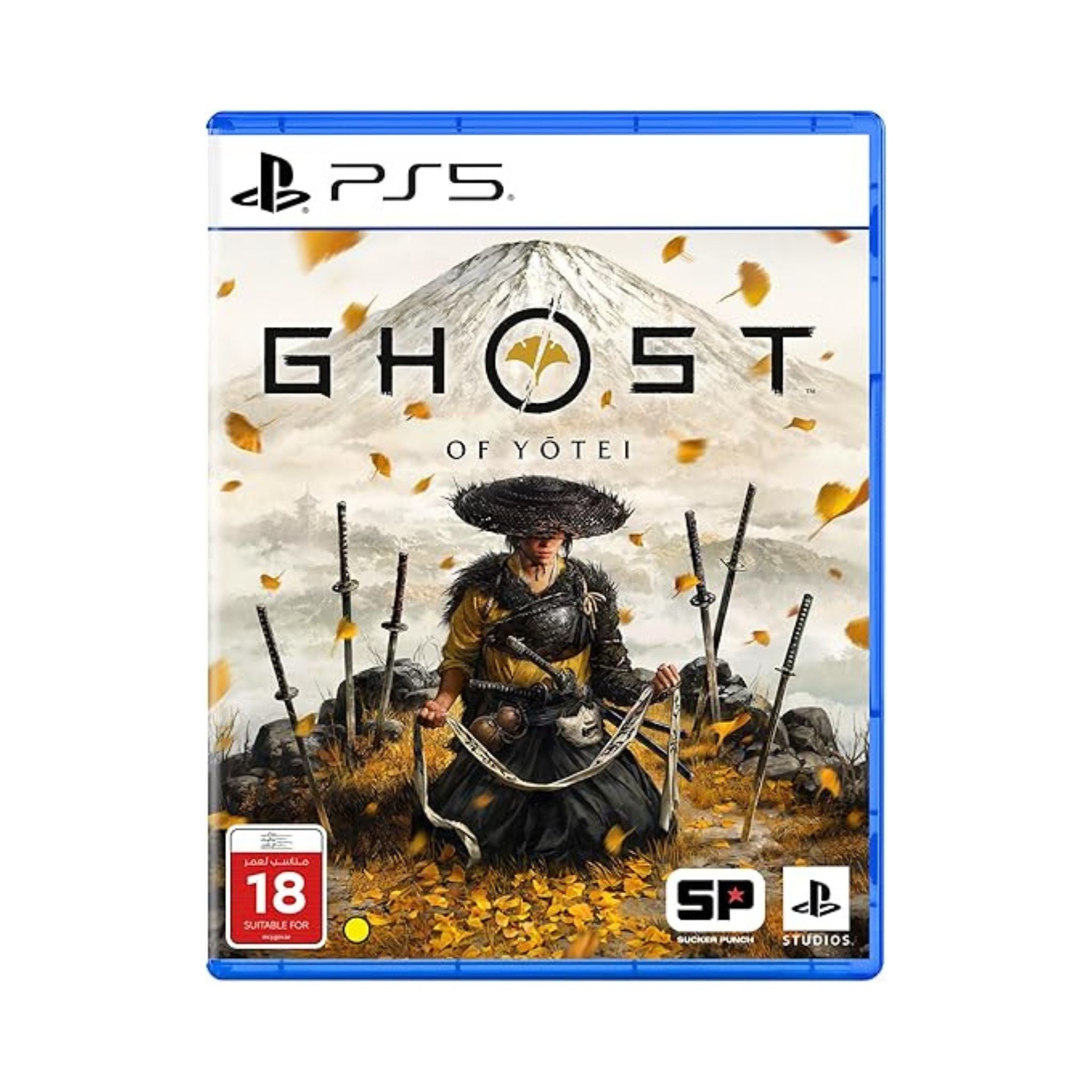 Game case for 'Ghost of Yotei' on PS5 with a warrior and Mount Fuji in the background.