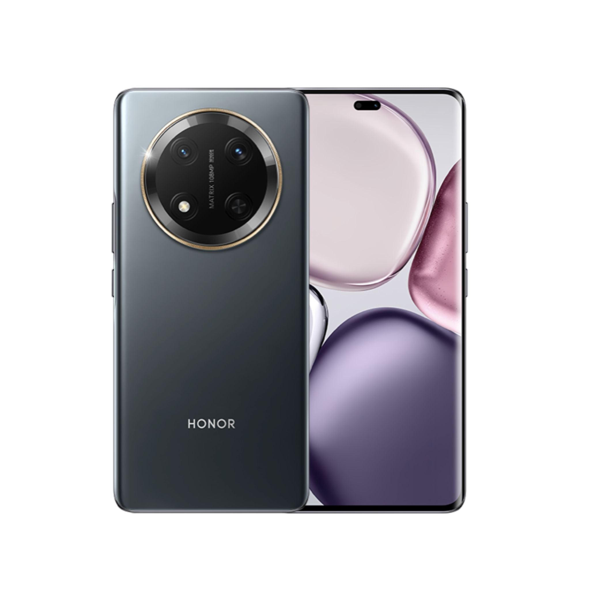 HONOR X9c 5G smartphone in Titanium Black color, featuring a triple-camera system on the back and a large screen displaying colorful graphics.