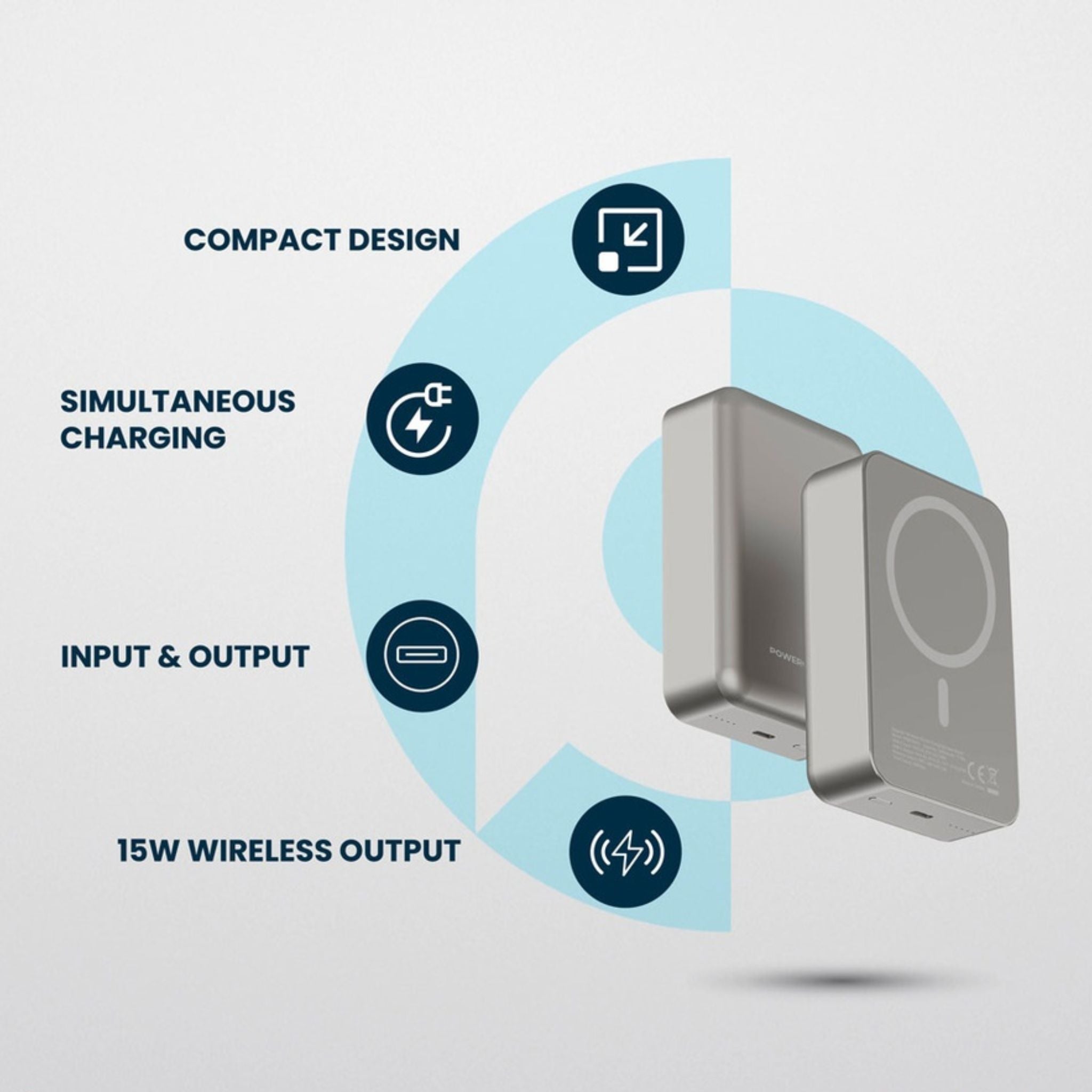 Powerology 20000mAh Power Bank, Compatible with MagSafe, PD 20W Fast Charge, 15W Wireless Output, Simultaneous Charging, Compact Design & Portable_Titanium