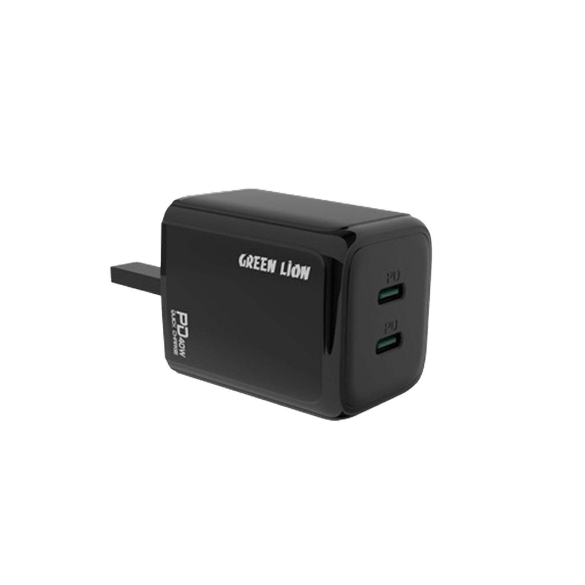 A dark green Green Lion dual PD wall charger with a UK plug and two USB-C ports, alongside a 1-meter USB-C to USB-C cable.