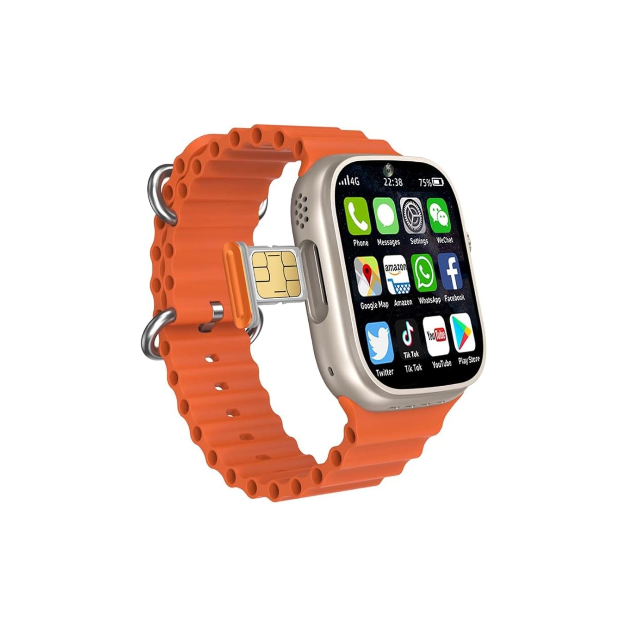 A gold-colored Telzeal TC4G smart watch with a 2.2 inch screen displaying multiple app icons, and a red strap.
