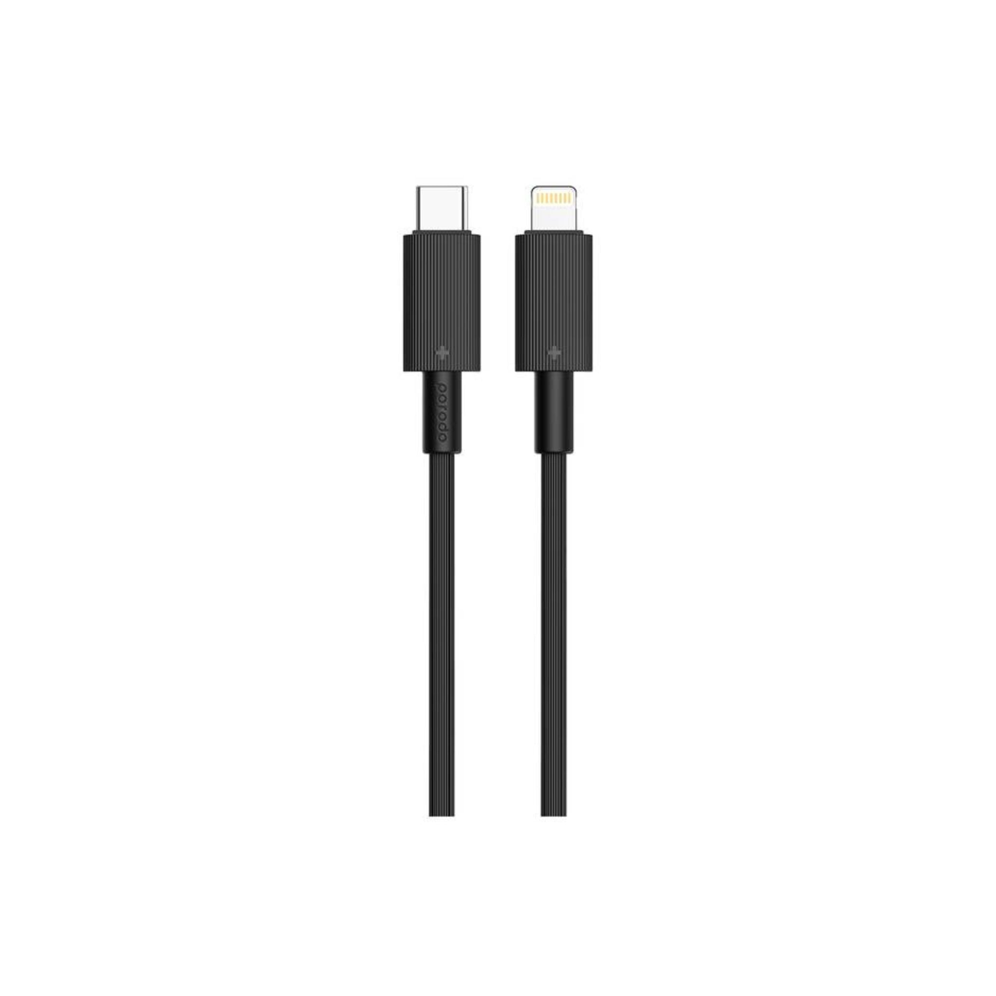 A black Porodo USB-C to Lightning PVC cable with equalizer design on the connectors.