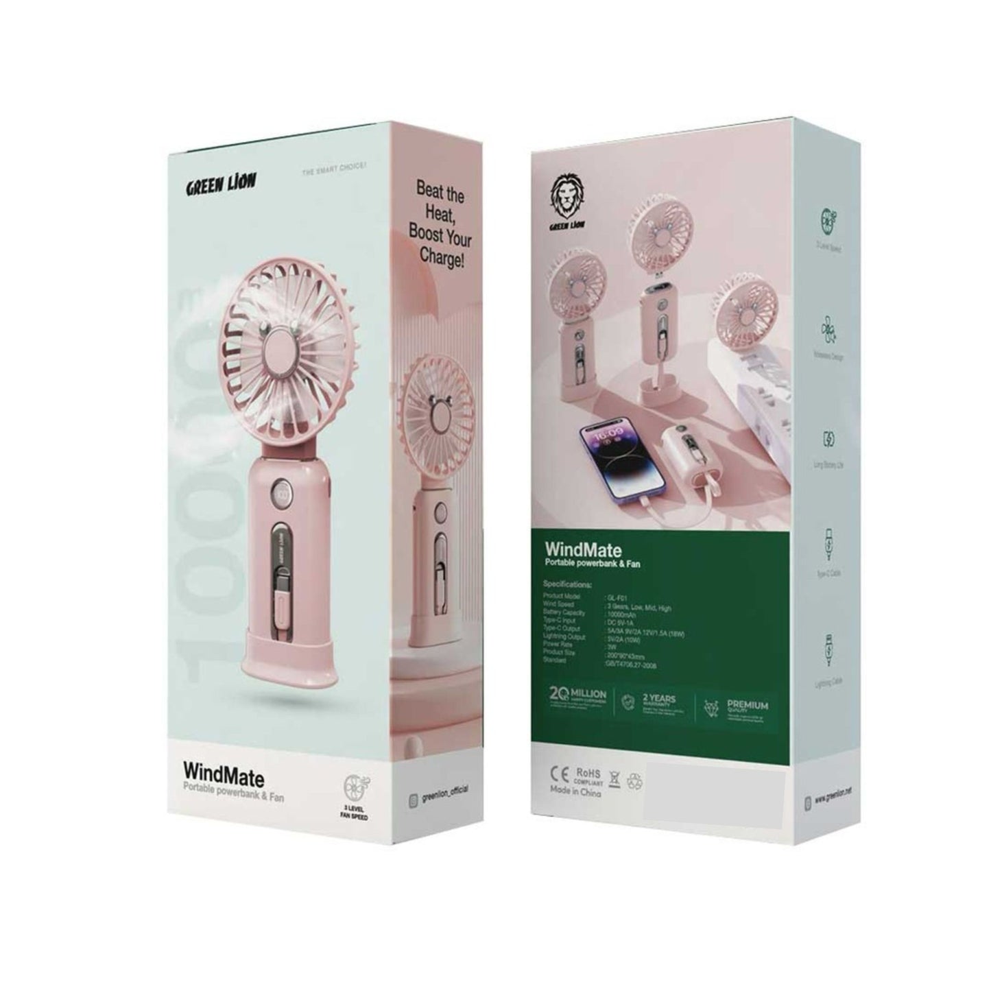 Green Lion Wind Mate Portable Power Bank & Fan_Pink