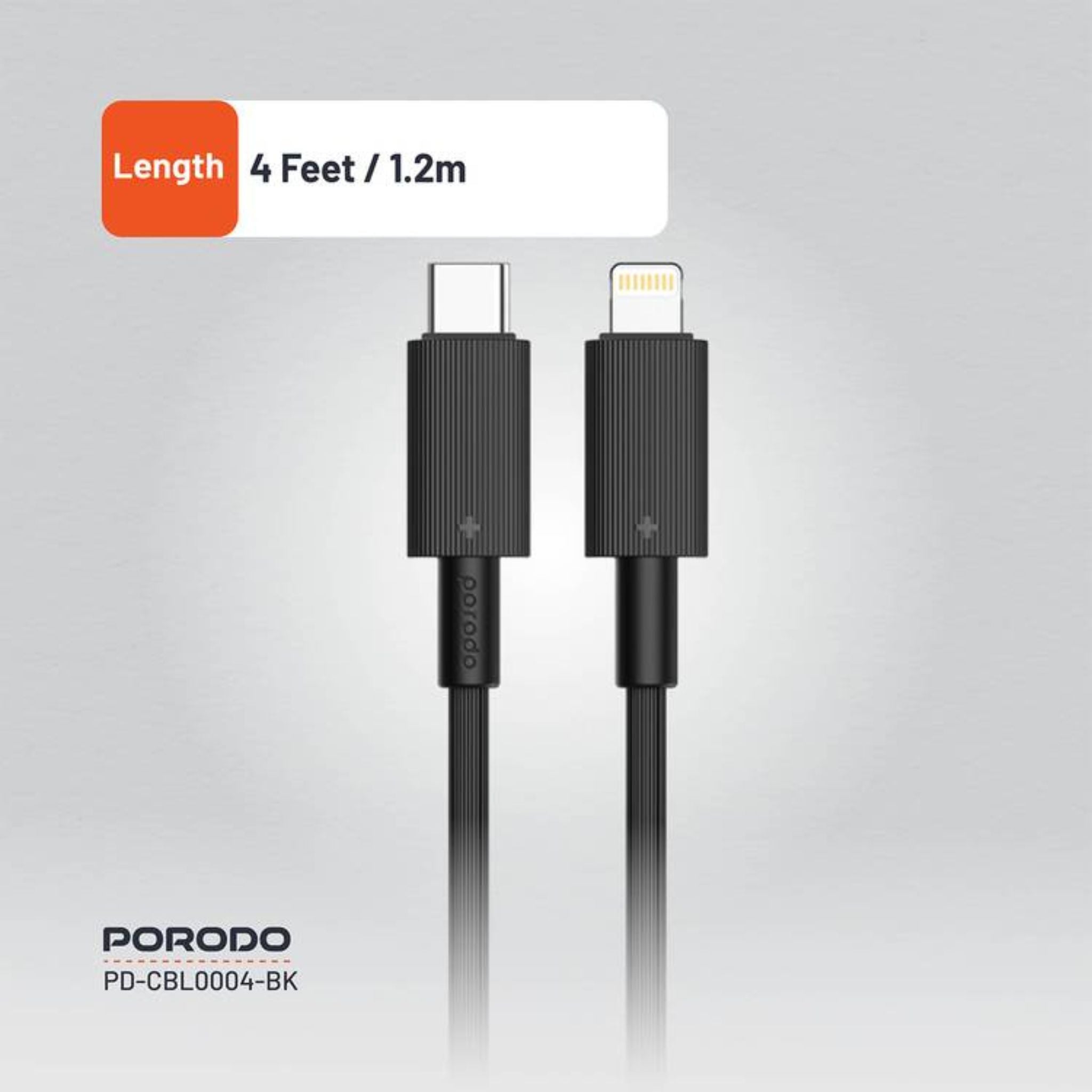 Porodo USB-C to Lightning PVC Cable, 480Mbps Transfer Speed, PD 27W, More than 15000 Bends Life Span, 1.2m Cable Length, Tangle Free - Black