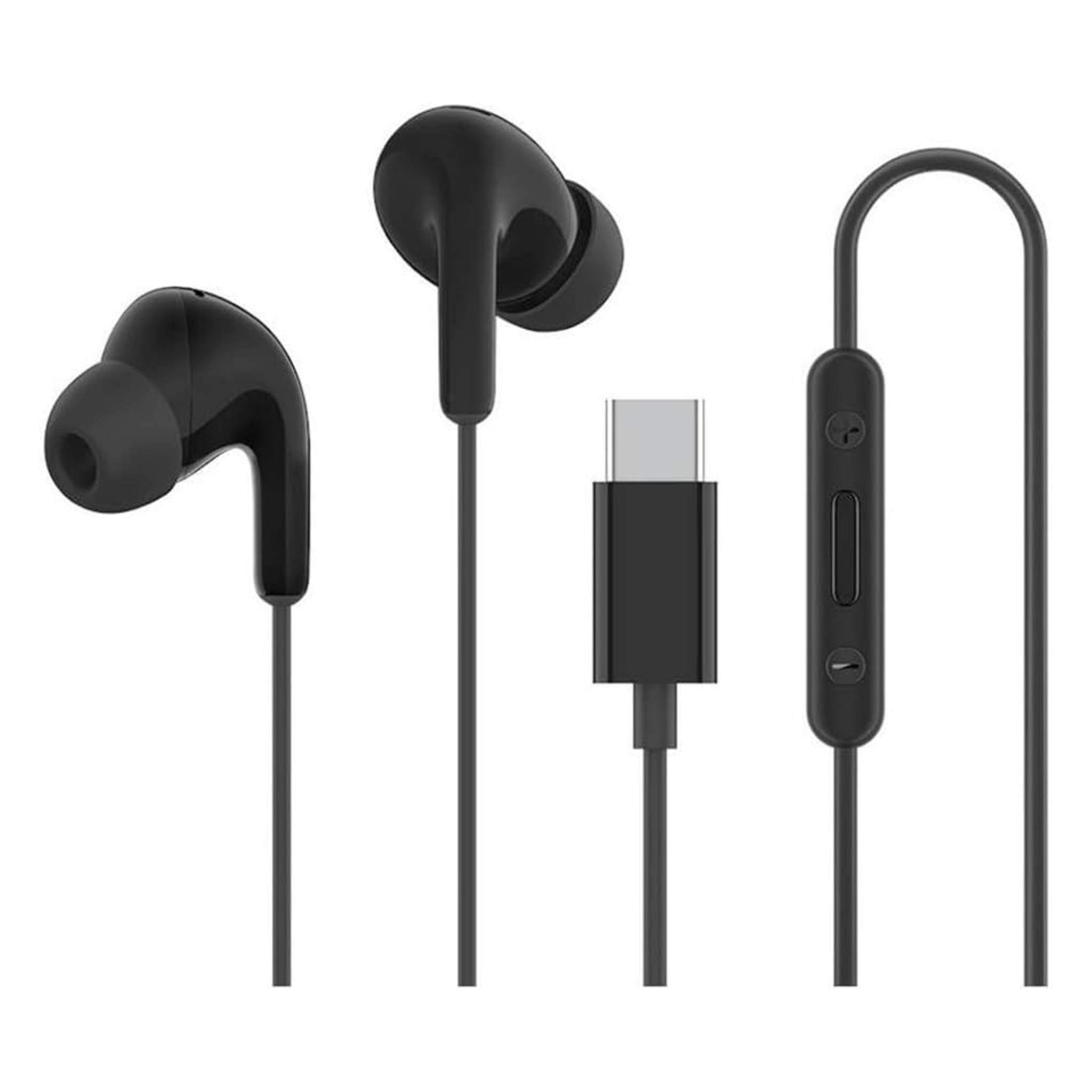 Black earbuds with a USB-C connector on a white background