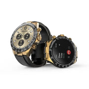 A black Haino Teko RW-26 round smartwatch with a gold bezel and a King bracelet, displayed on a white background.