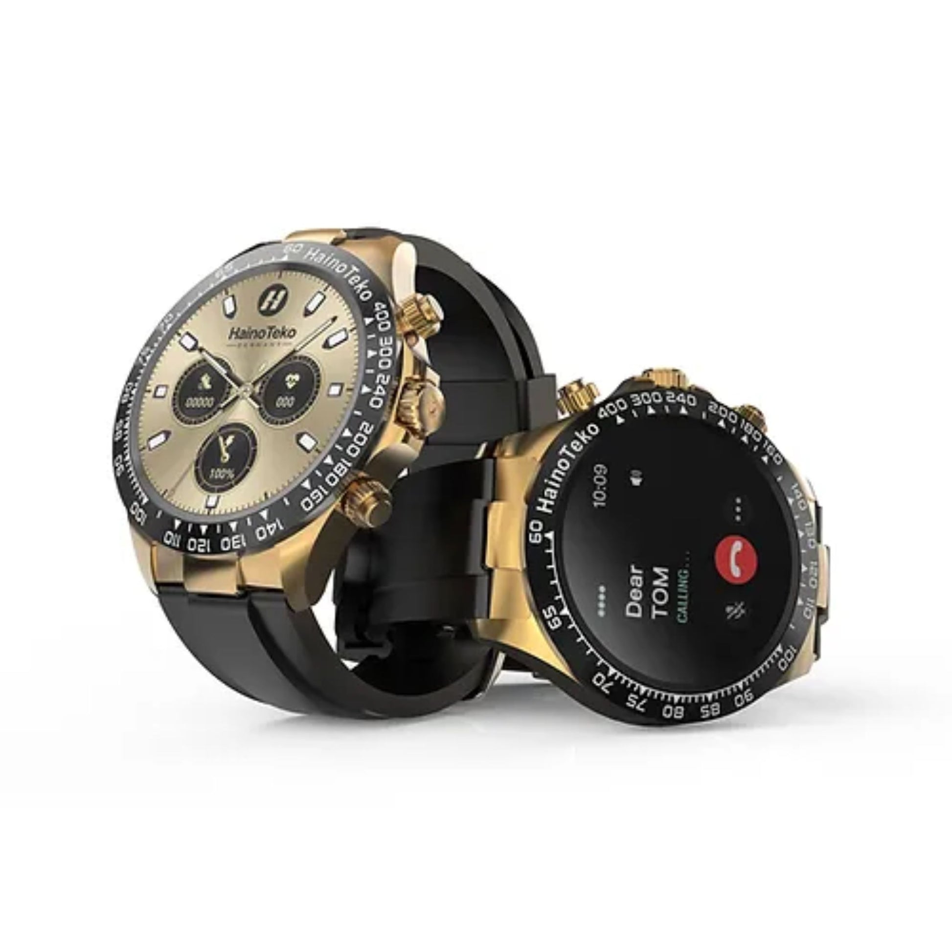 A black Haino Teko RW-26 round smartwatch with a gold bezel and a King bracelet, displayed on a white background.