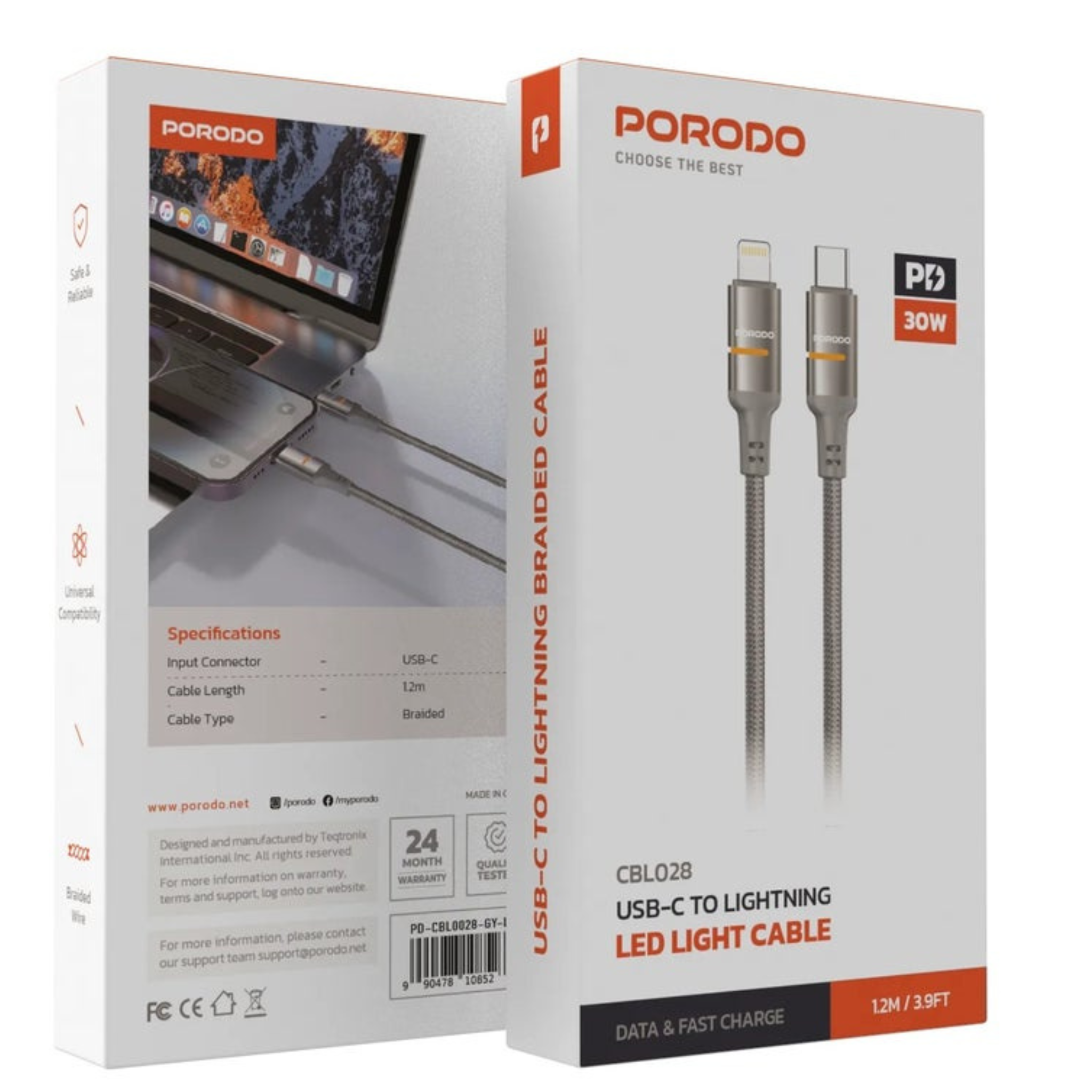 Porodo USB-C to Lightning LED Light Cable with 30W Power Delivery, 480Mbps Transfer Speed, 1.2m Cable Length, Fast Charging & Data Transfer, Braided Wire - Gold