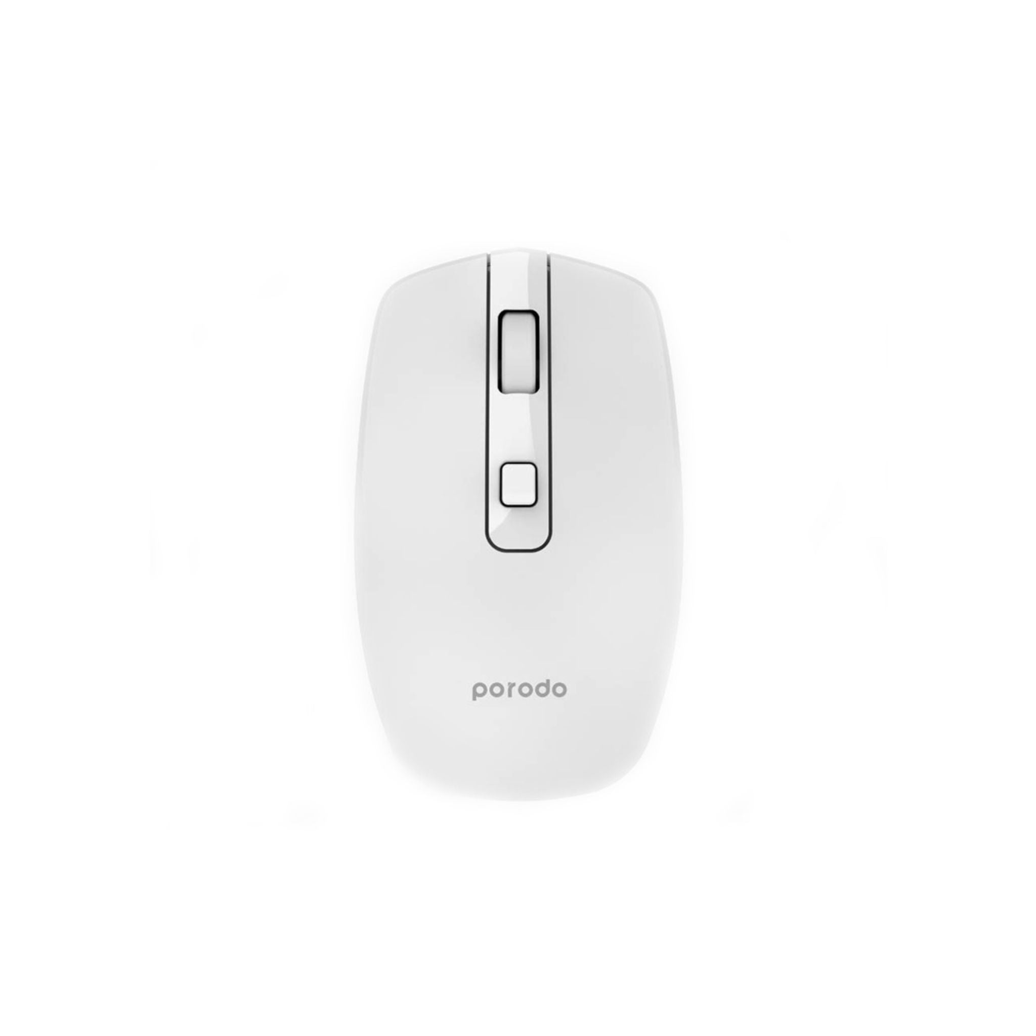 A white Porodo wireless rechargeable mouse with a 2.4GHz dongle on the left and Bluetooth V5.