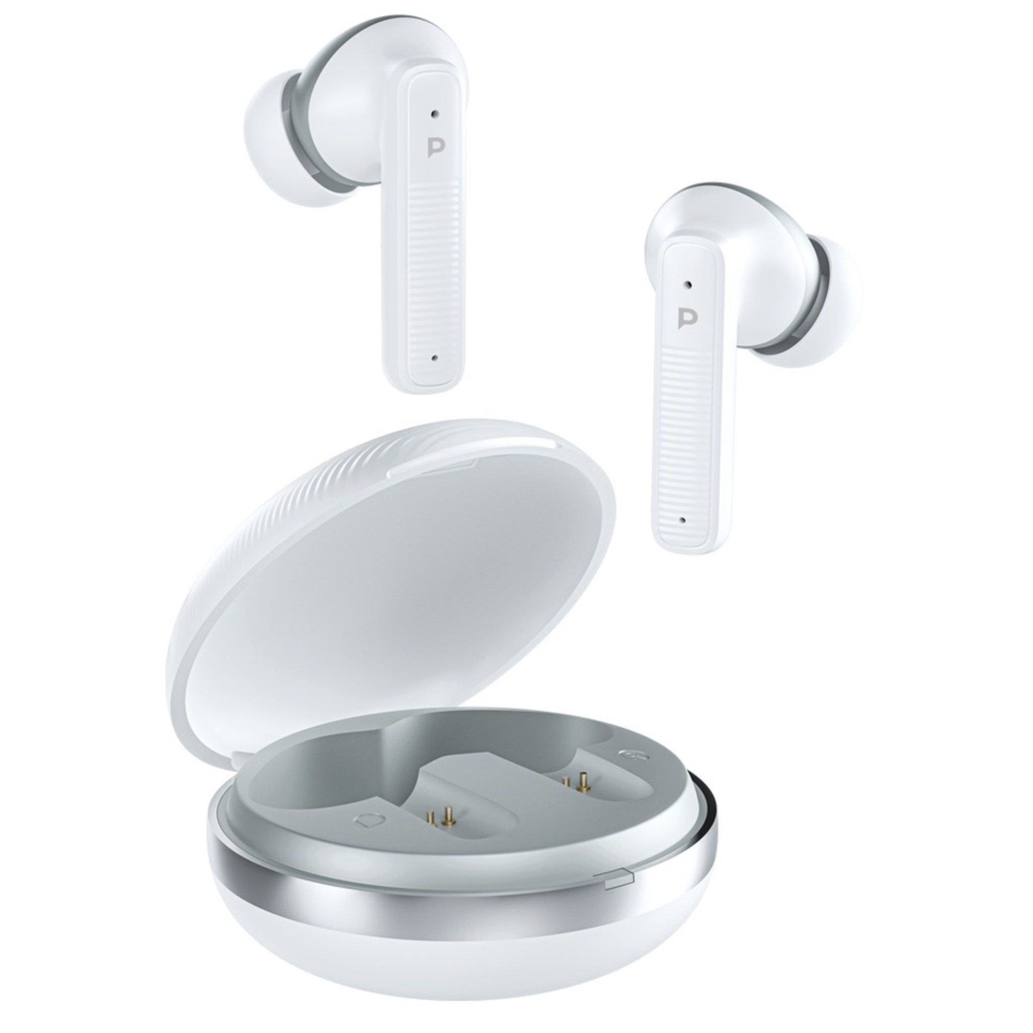 A pair of white Powerology TWS earphones with a charging case open to show the earbuds inside.