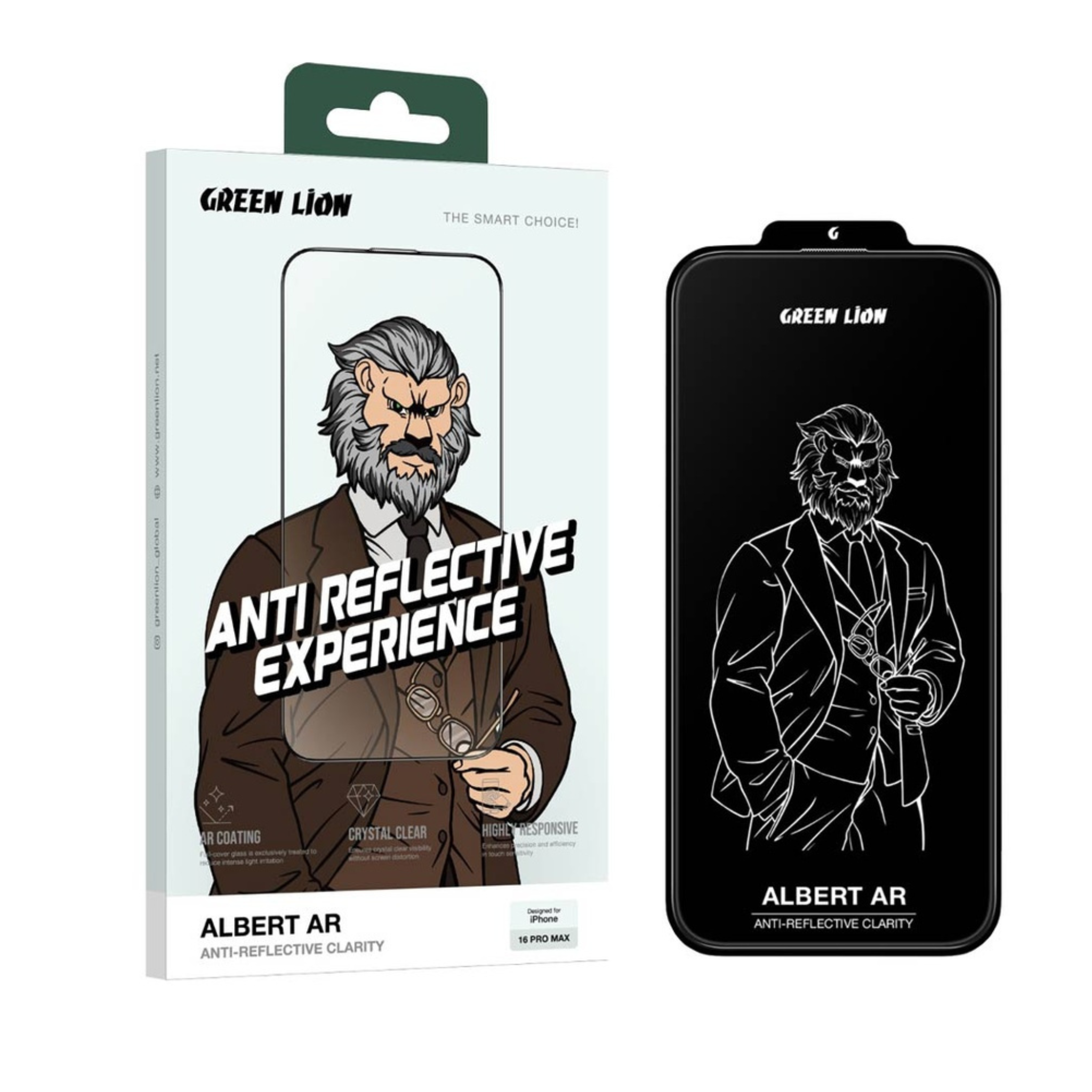 Packaging and screen protector for the iPhone 16 Pro, featuring an illustration of a character and emphasizing anti-reflective experience.