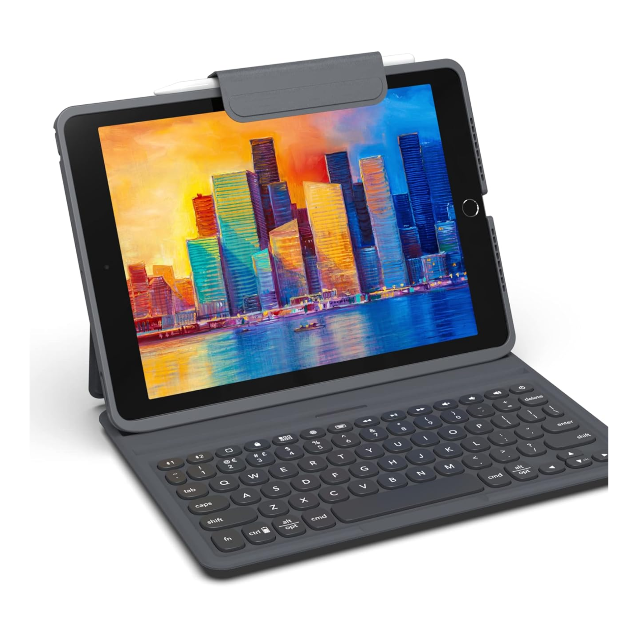 A black ZAGG Pro Keys detachable case and wireless keyboard attached to an Apple iPad Pro 10.2" tablet, displayed in an open position with a colorful screen.