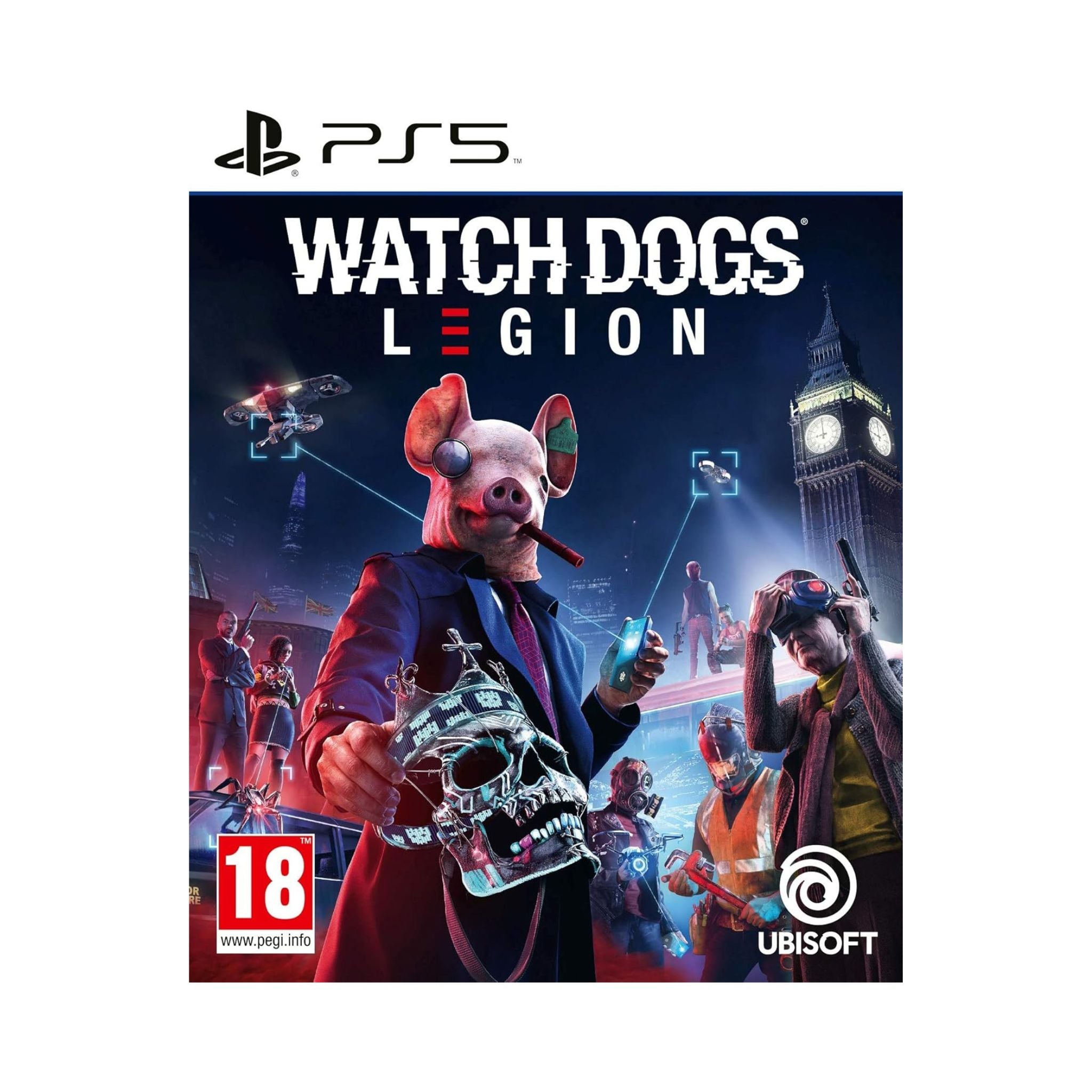 Game cover of 'Watch Dogs Legion' for PS5 with characters and cityscape.