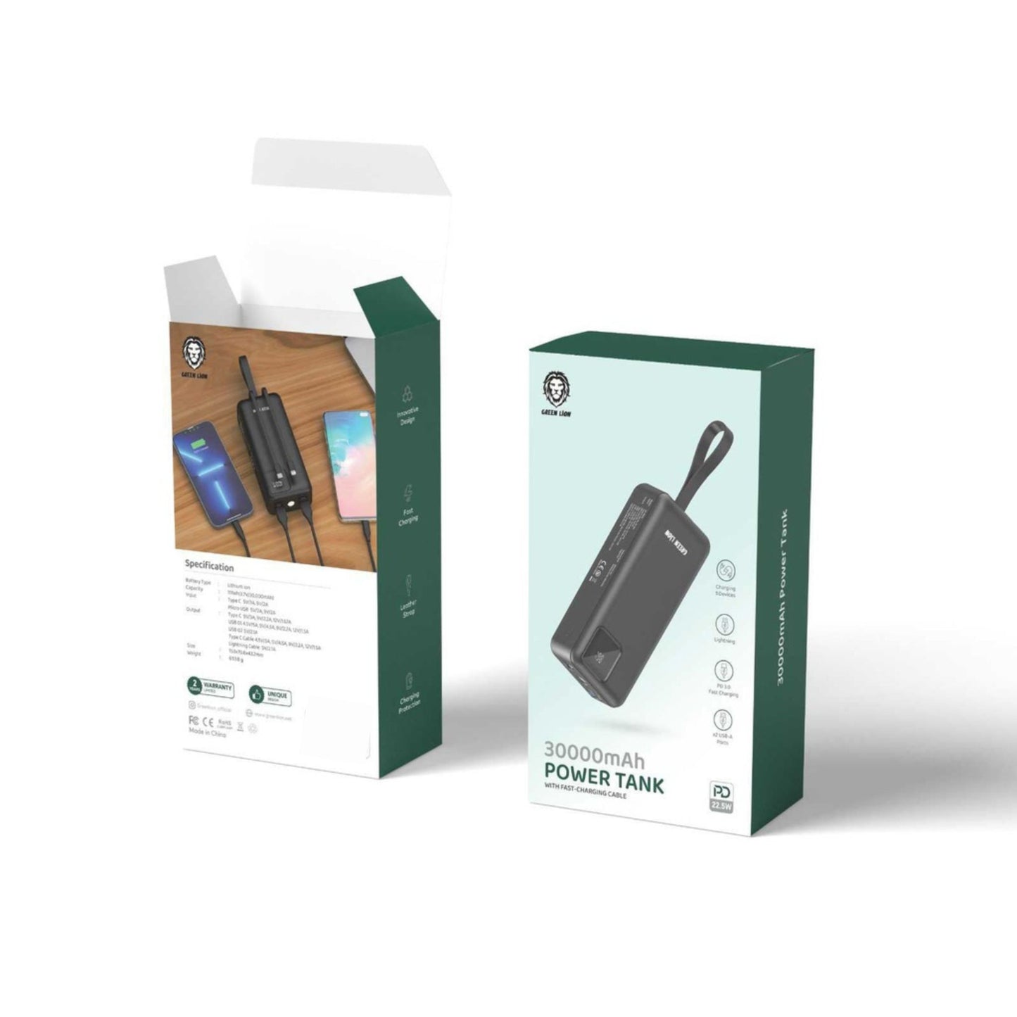 Green Lion Power Tank Power Bank 30000mAh PD 22.5W with Fast Charging Cable - Black