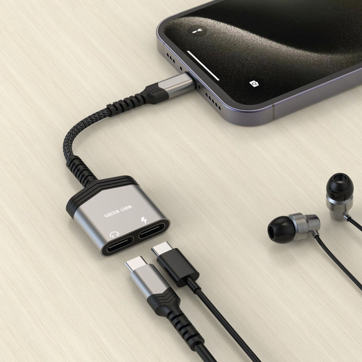 Green Lion 2 In 1 Splitter Adapter Type-C to Type-C (Charging & Audio) - Black