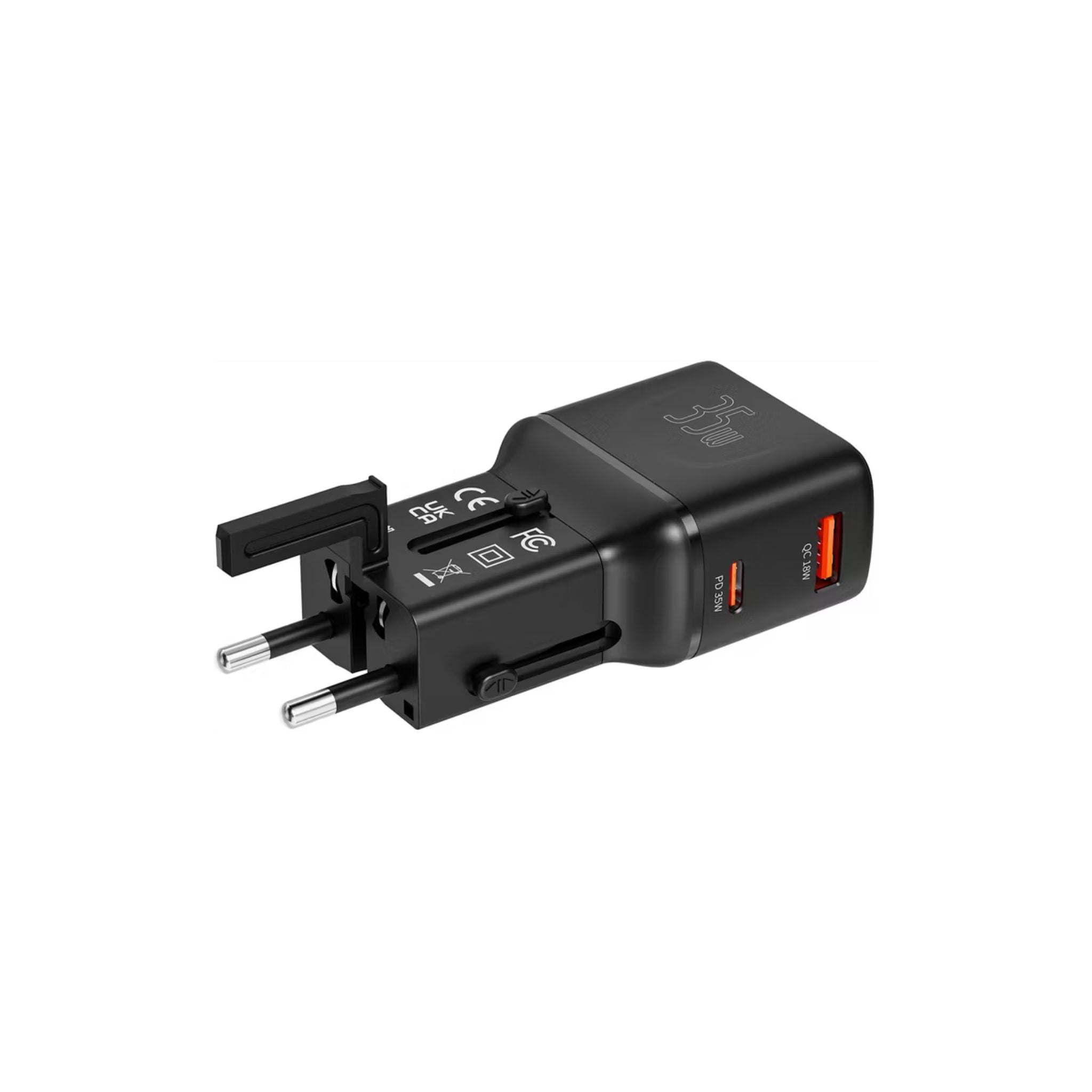 Black travel adapter on a white background