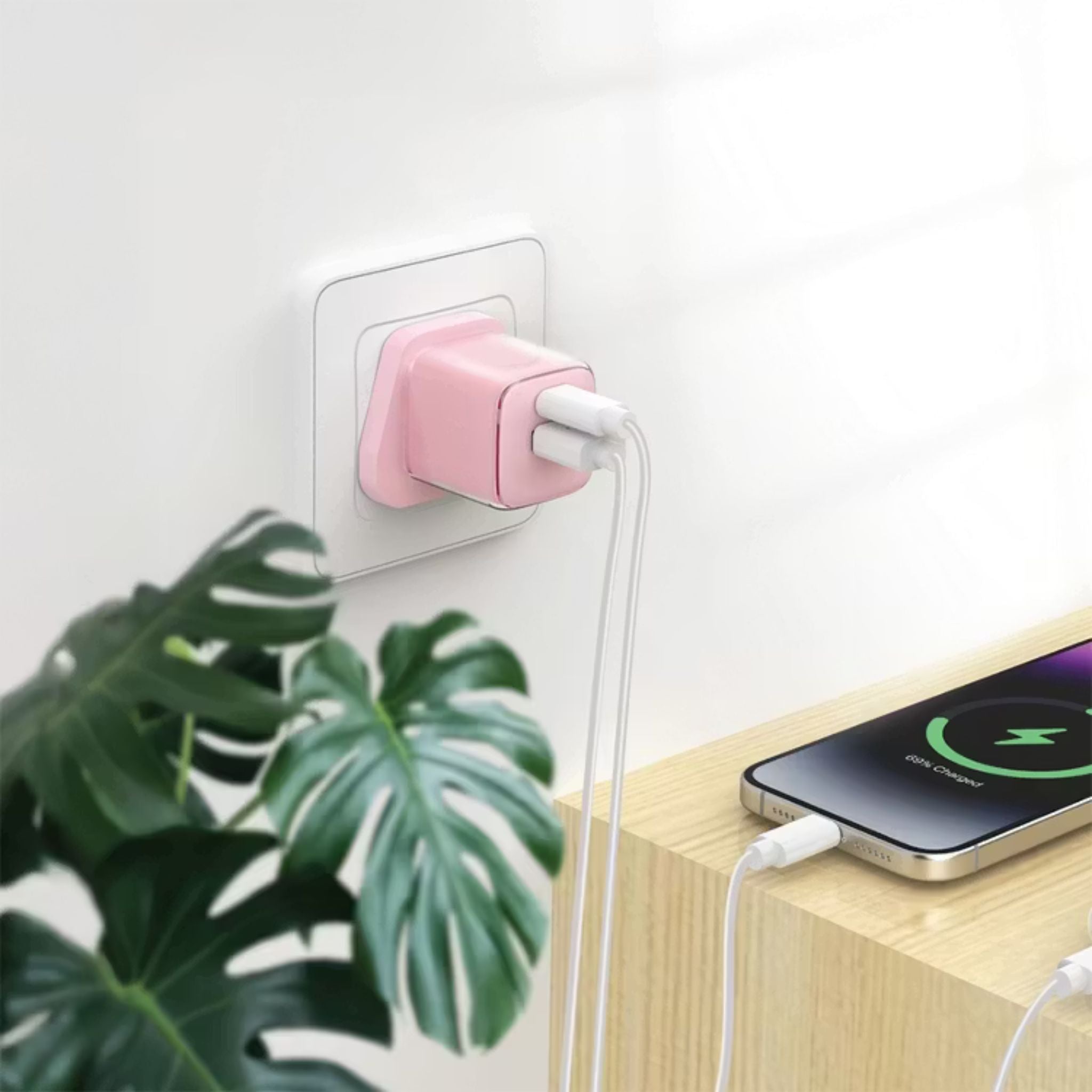 Green Lion Reva Dual Port Wall Charger with Fast Charge Support, 20W Power Delivery, 18W USB-A Output, Flame-Retardant Material, Multi-Device Charging, Built-in Safeguard, GaN Technology - Pink