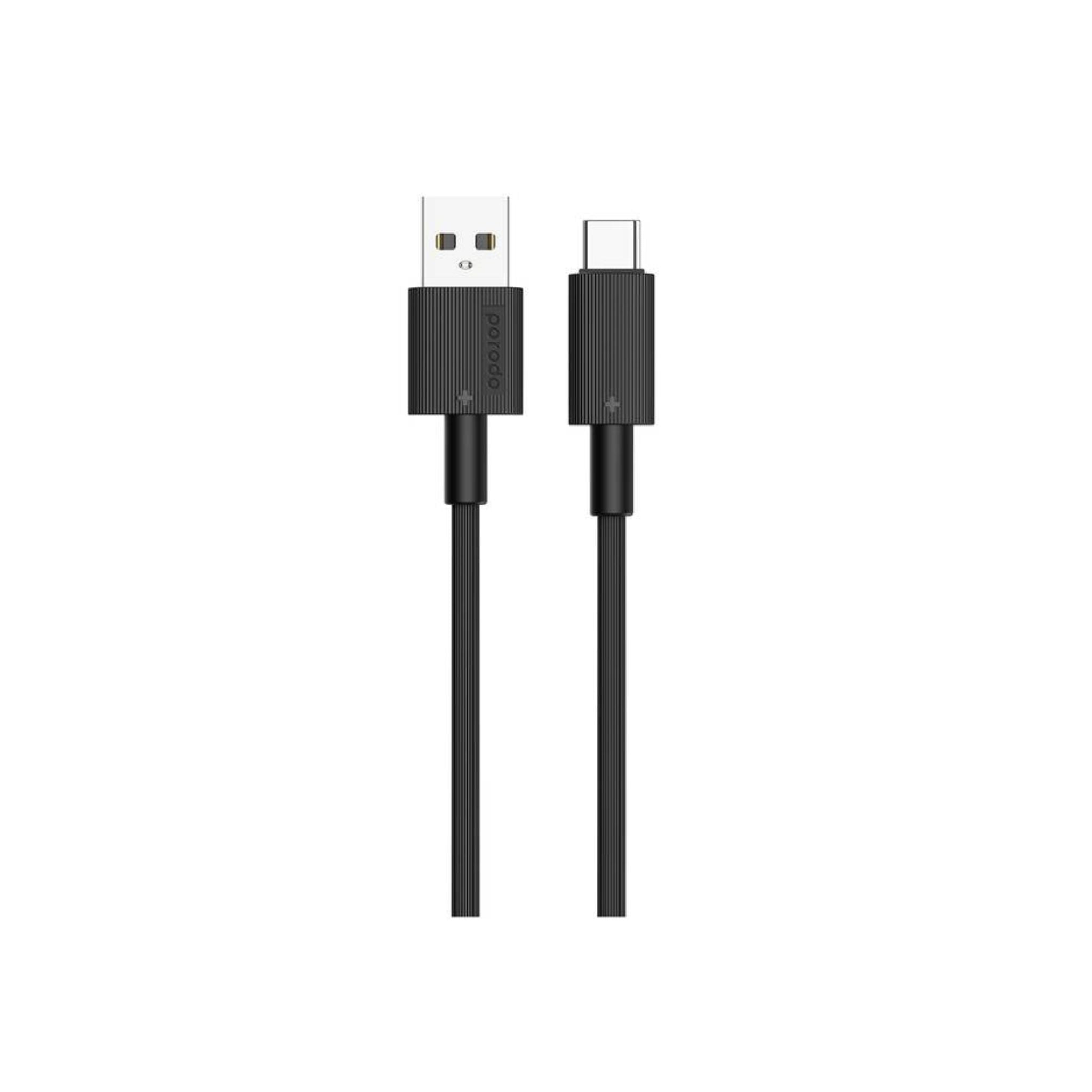 A black Porodo USB A to C PVC cable, 1.2 meters in length, displayed against a white background.