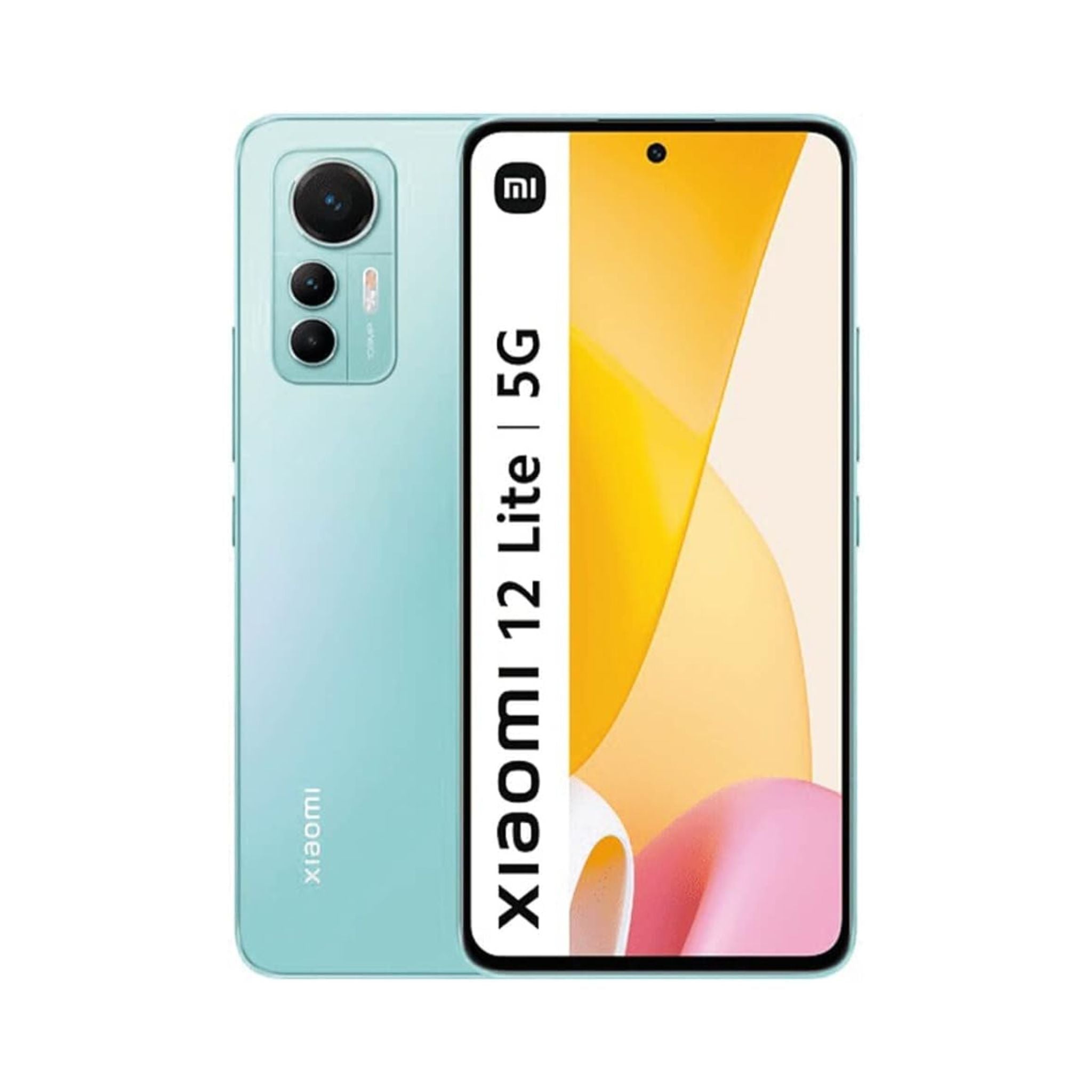 Xiaomi 12 Lite 5G smartphone in green color, displaying the back camera and logo on a teal-colored surface.