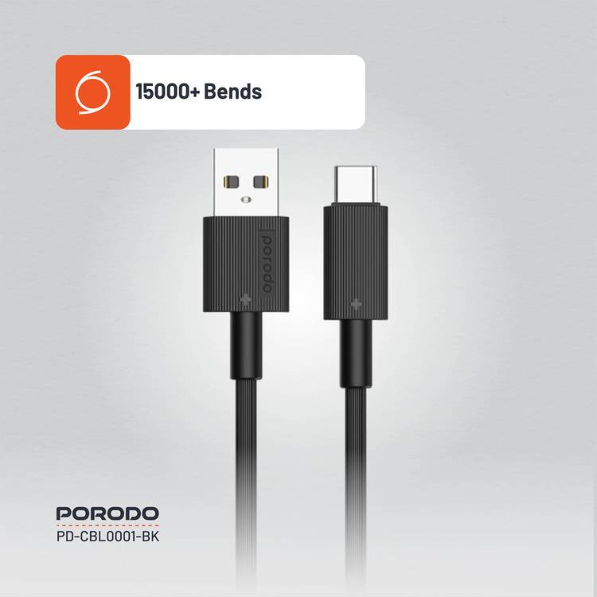 Porodo USB-A to USB-C PVC Cable, 480Mbps Transfer Speed, more than 15000 Bends Life Span, 1.2m Cable length, Tangle Free - Black