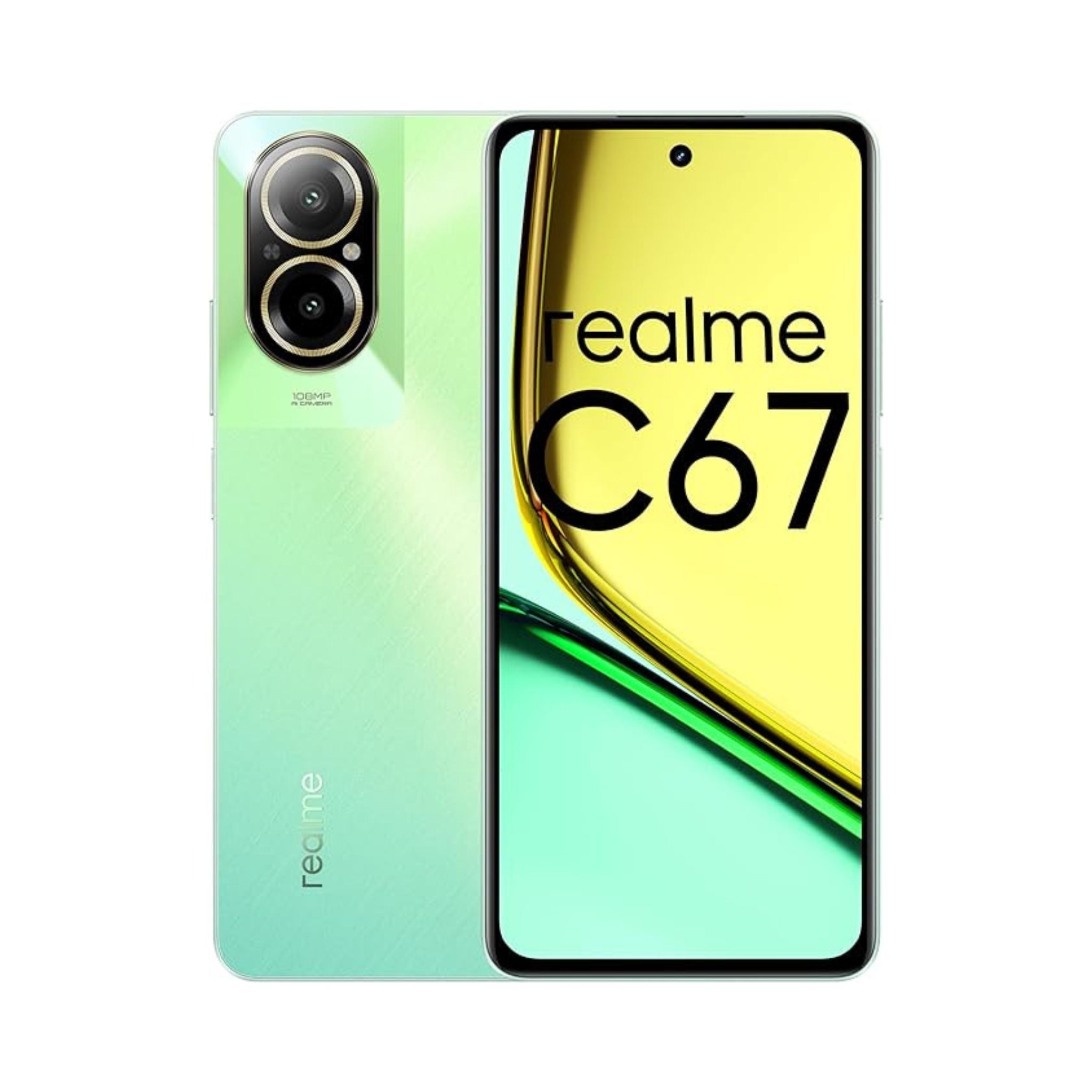 Realme C67 4G Dual SIM smartphone in green color with dual camera setup on the back.