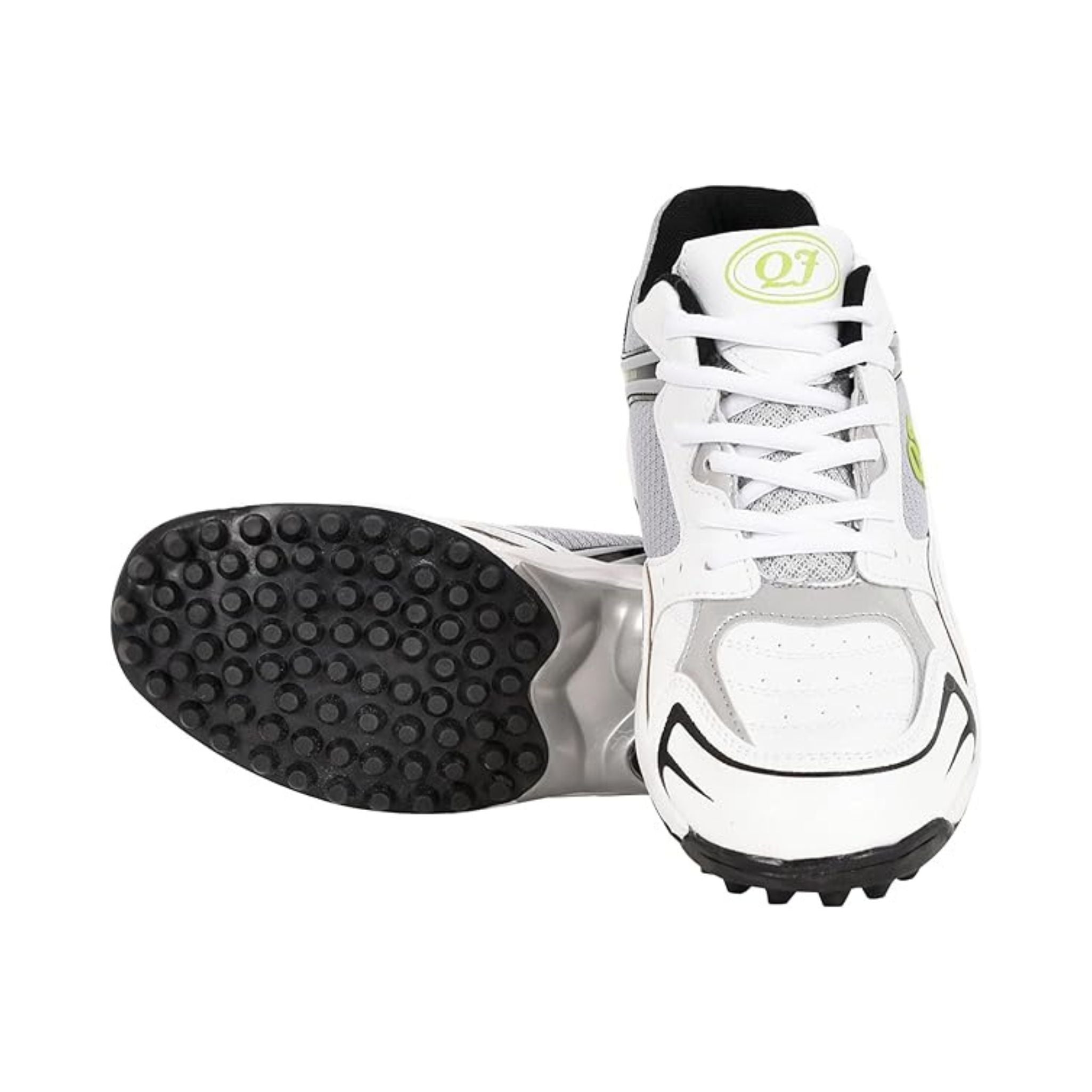 Men’s White-Green Mesh Cricket Sports Shoes with Breathable Panels, Lace-Up Fit, and Comfortable Inner Lining