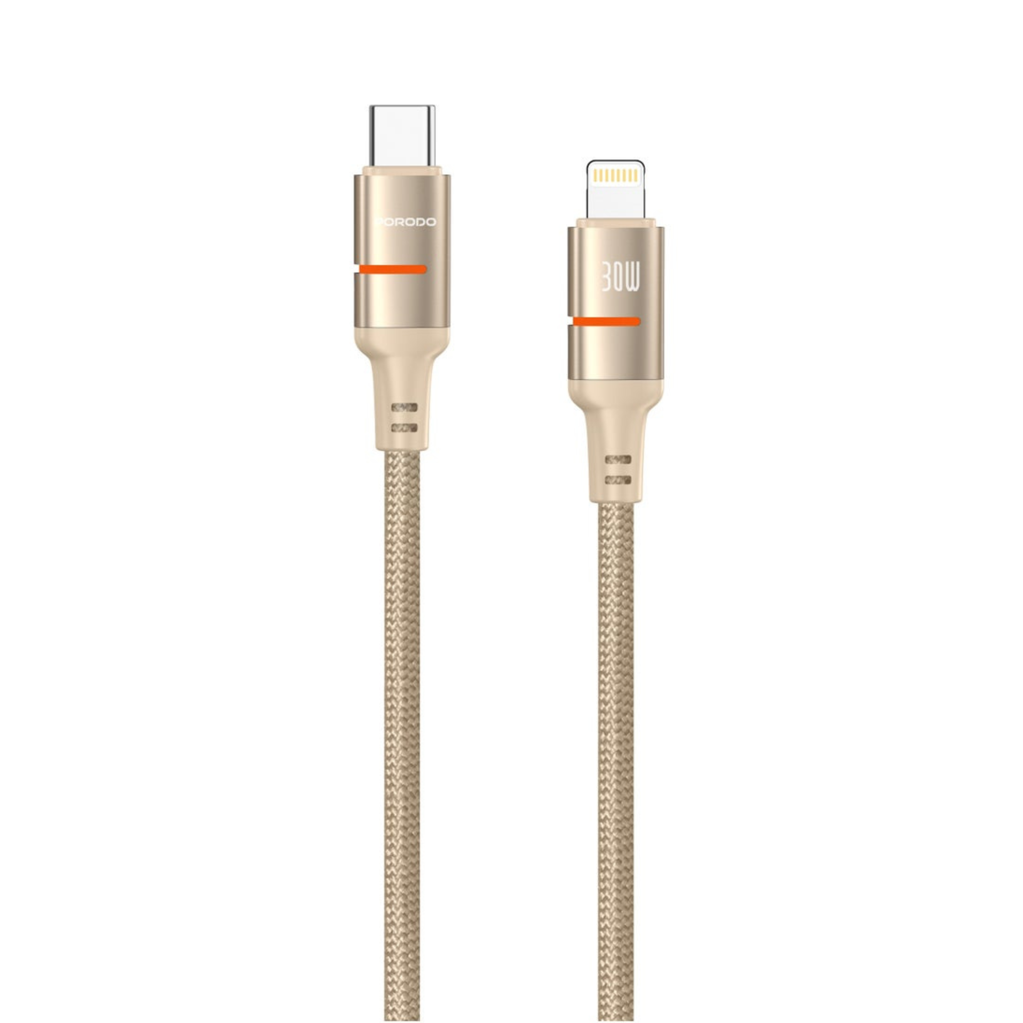A gold-colored Porodo braided cable with a transparent USB-C to Lightning connection, featuring orange accents on the connectors.