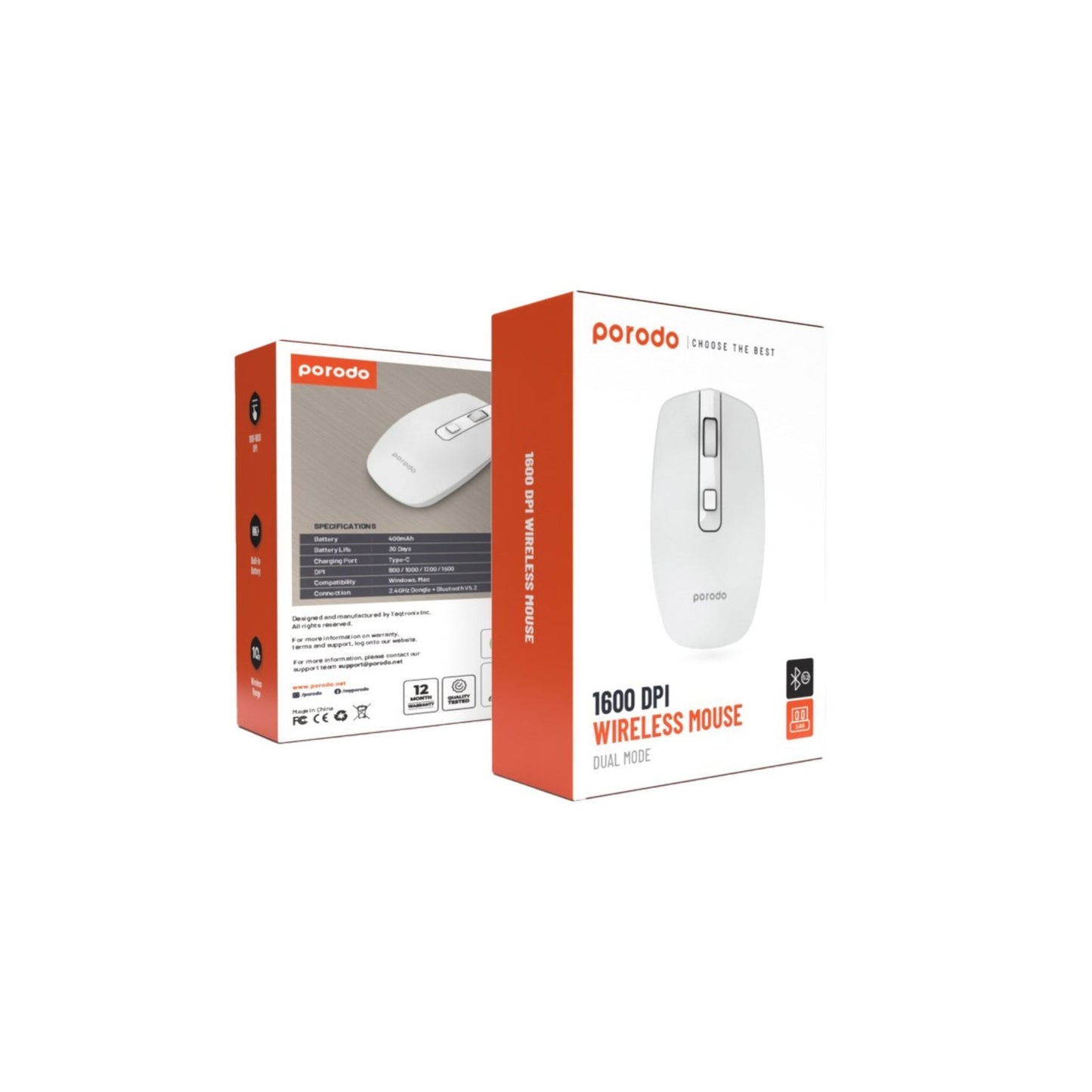 Porodo 2.4G Wireless and Bluetooth Rechargeable Mouse DPI 1600-White