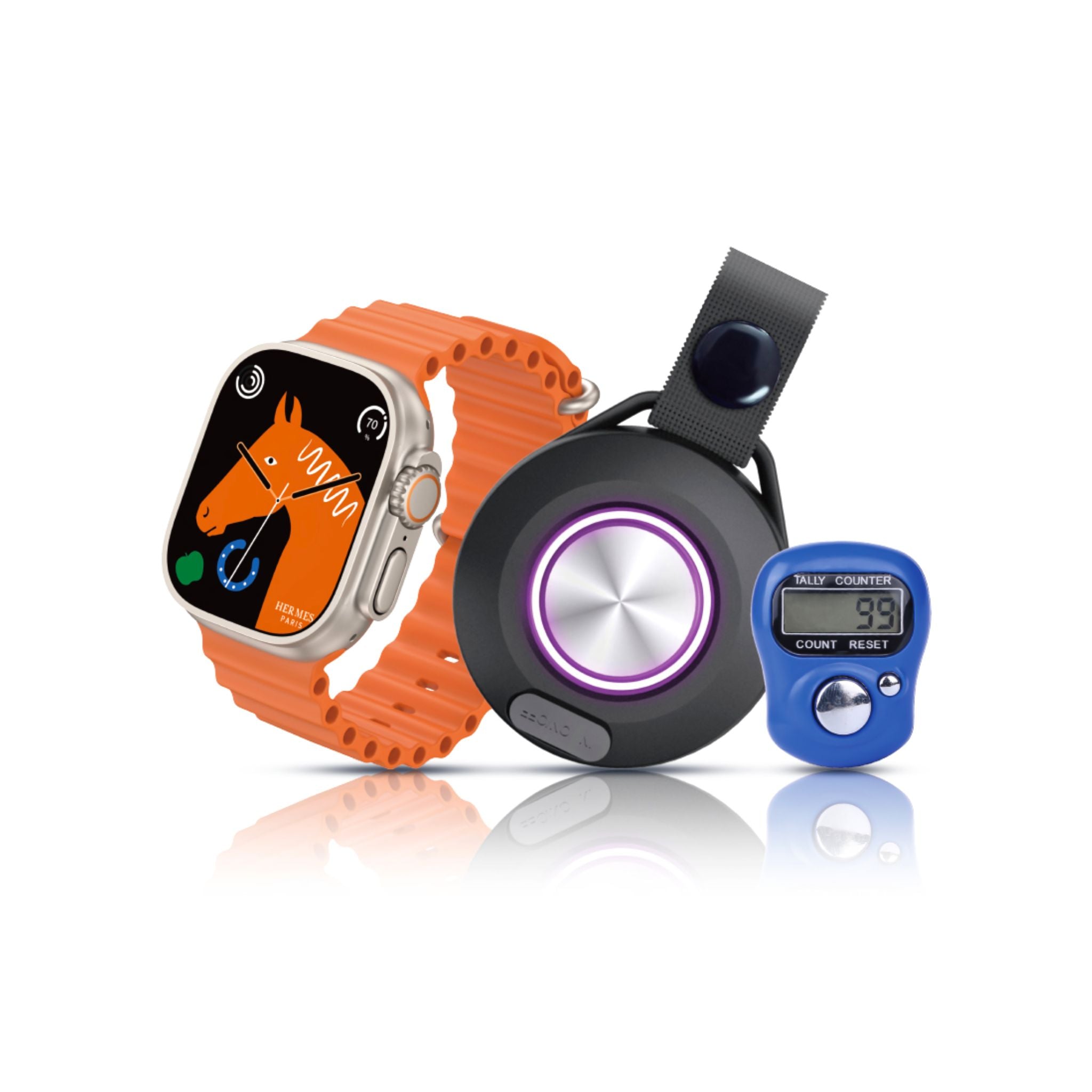 A silver smartwatch with an orange band, a black circular device which appears to be a watch speaker, and a blue counter or pedometer.