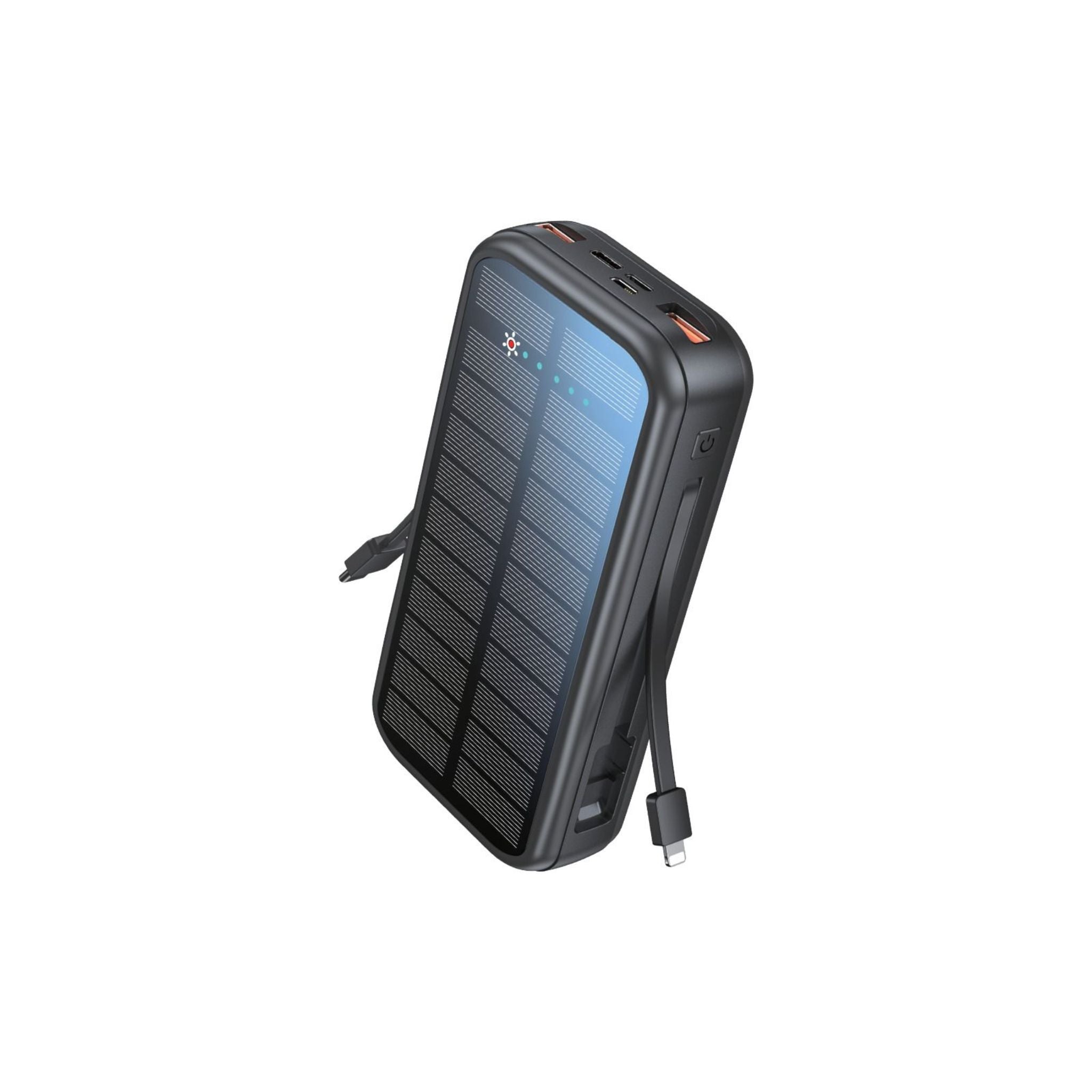 A black portable power bank with a solar panel on the front and built-in cables for Type C and Lightning connectors.