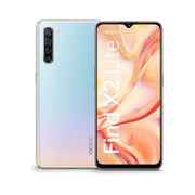 OPPO Find X2 Lite smartphone in pearl white color, showing both the front and back sides, with the phone's screen displaying a colorful wallpaper.