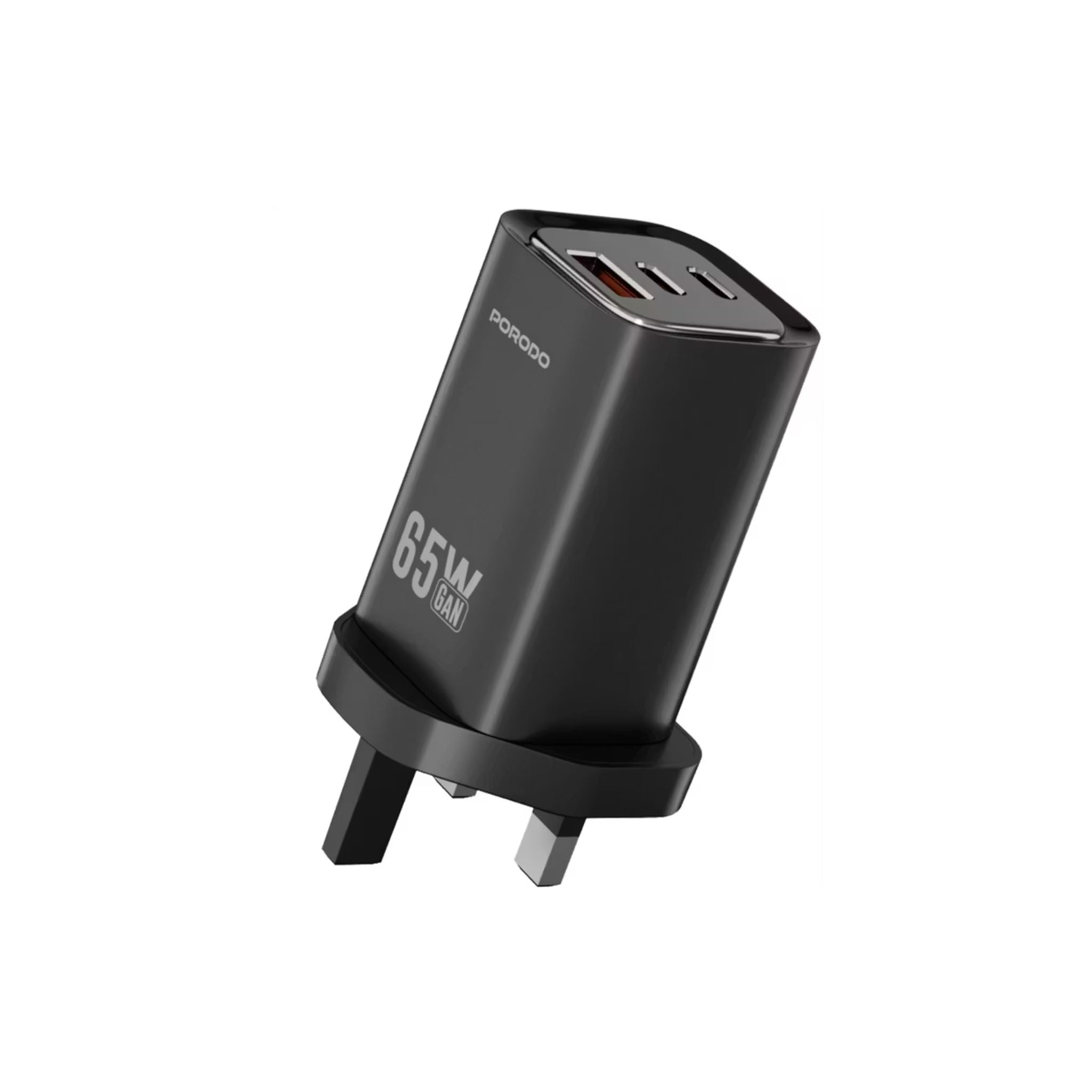 Black charging adapter with '65W' marking on a white background