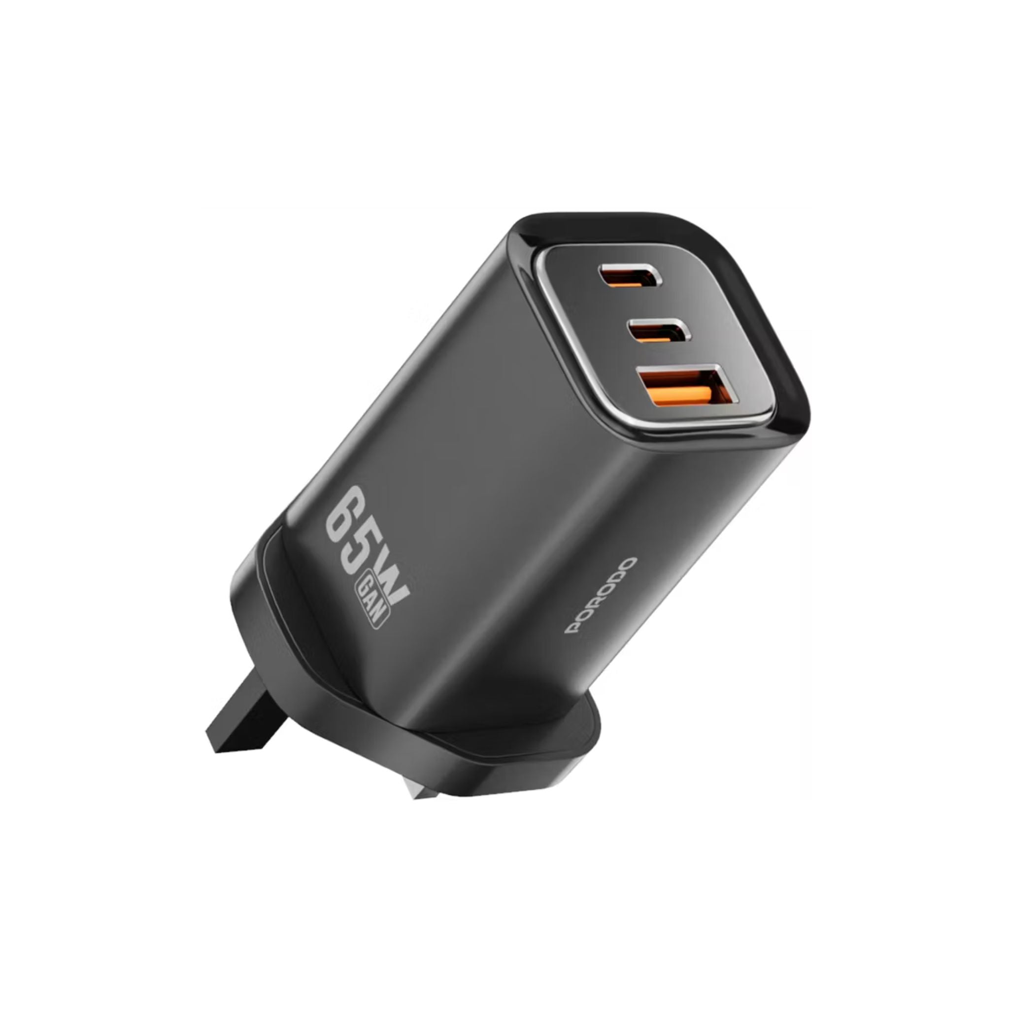 Porodo Triple Output Quick Wall Charger with 65W Power Delivery, Built-in Safeguards, Simultaneous Charging, 22.5W USB-A Output, Laptop Charging Compatibility - Black