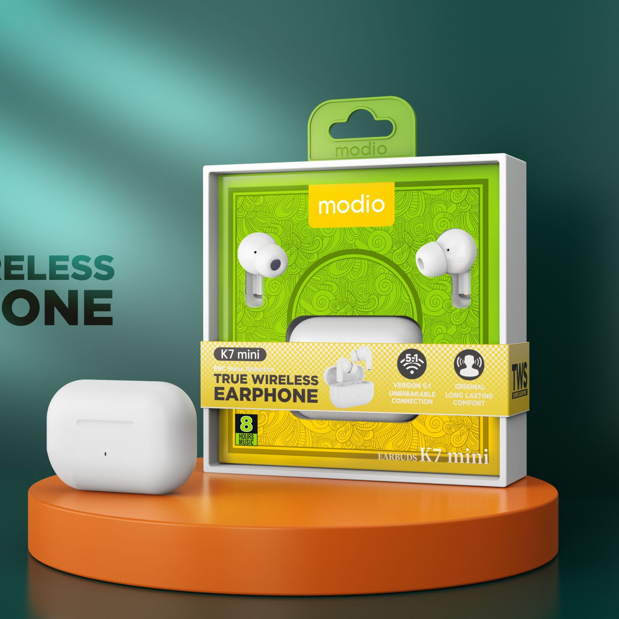 Modio K7 Mini TWS Wireless Bluetooth Headset with Touch Sensor and Charging Case – White