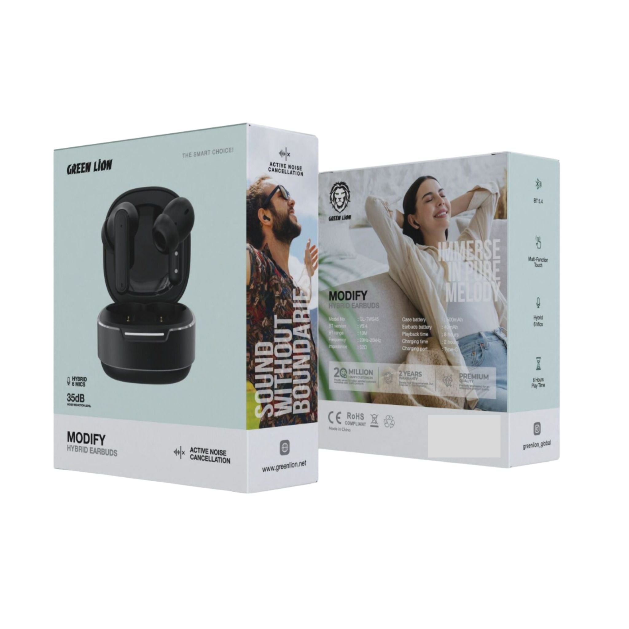 Green Lion Modify Hybrid Earbuds, Noise Reduction, ANC, Bluetooth version 5.4, Hybrid 6 Mics - Black