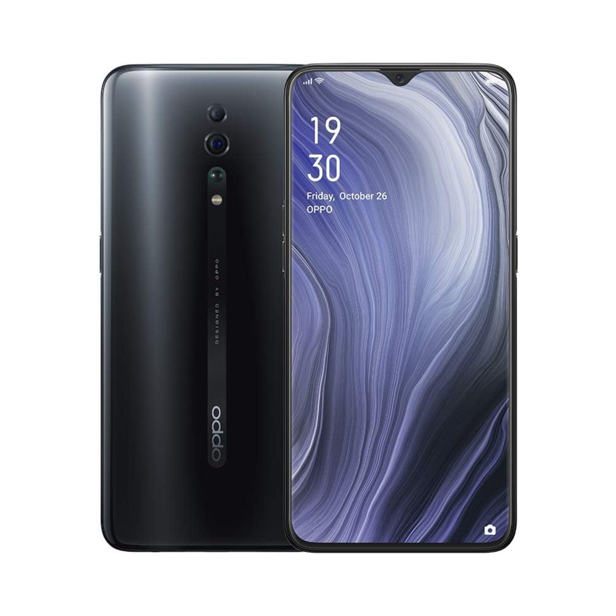 Oppo Reno Z smartphone in Jet Black color with dual rear cameras, displayed front and back, showcasing the screen and the thin bezel design.