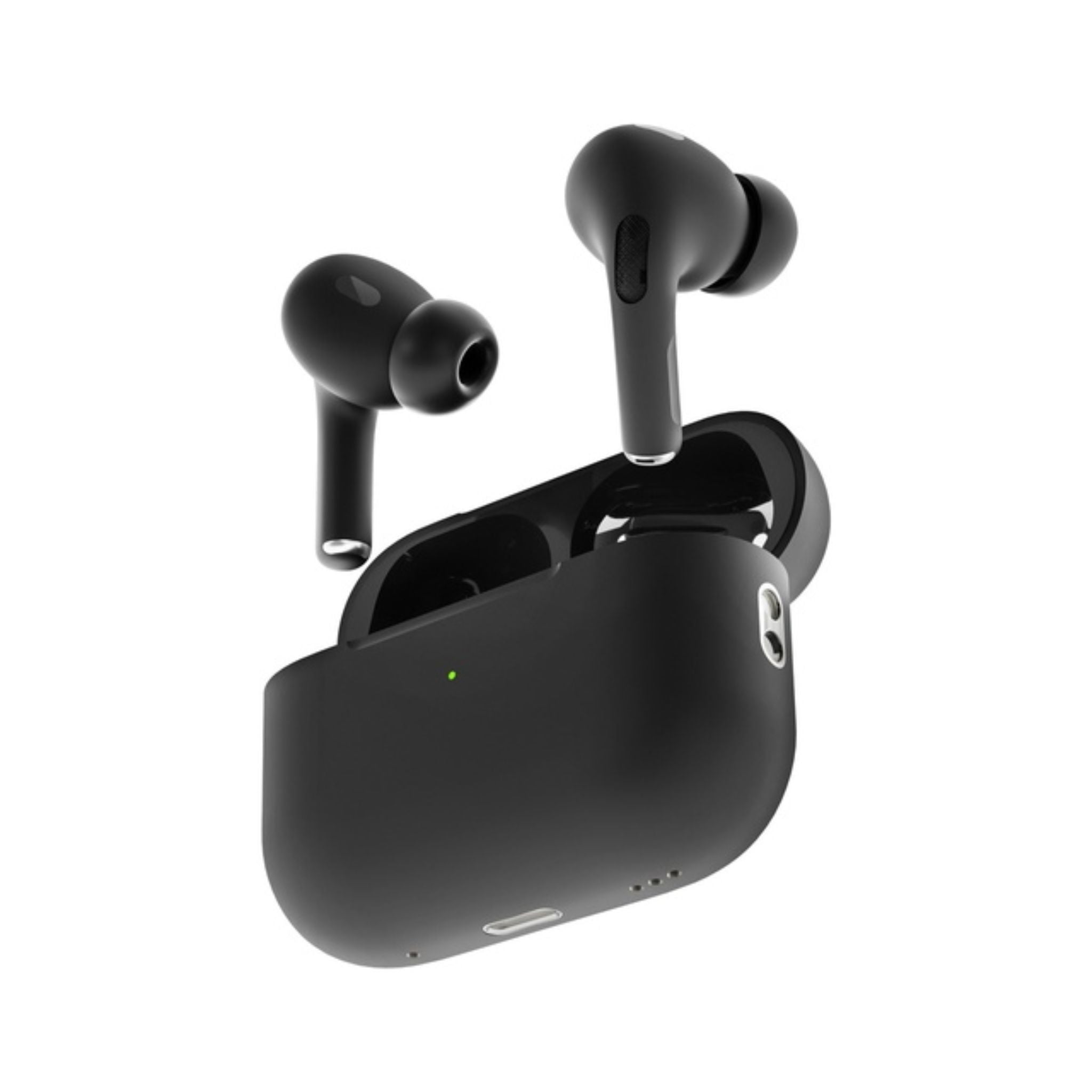 The image shows a pair of black Porodo Blue Earbuds Pro 2 with swipe volume control and a charging case.
