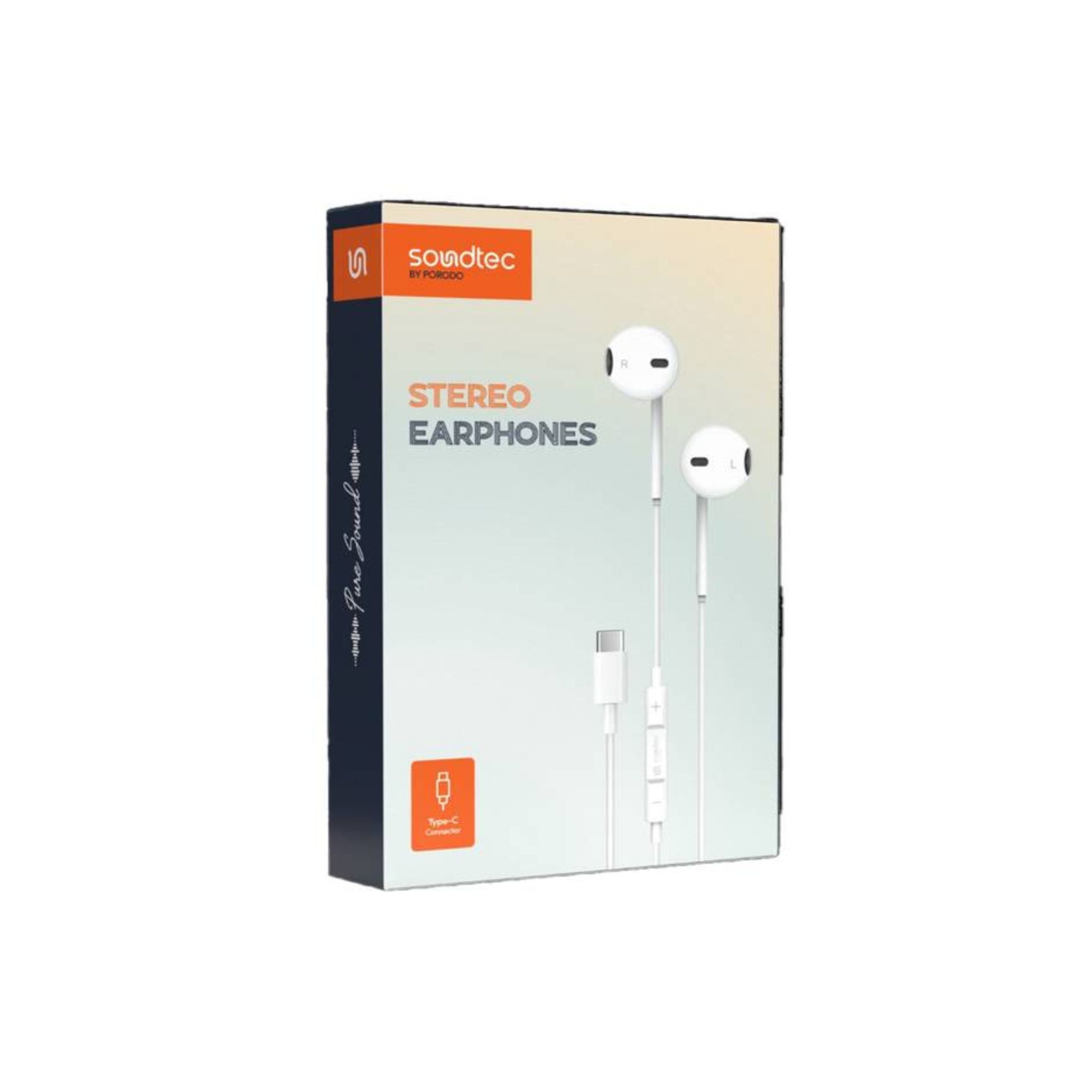 Porodo Soundtec Stereo Earphones with Type-C Connector, High-Clarify Microphone, ABS Material, 120 cm Tangle Free Cable - White