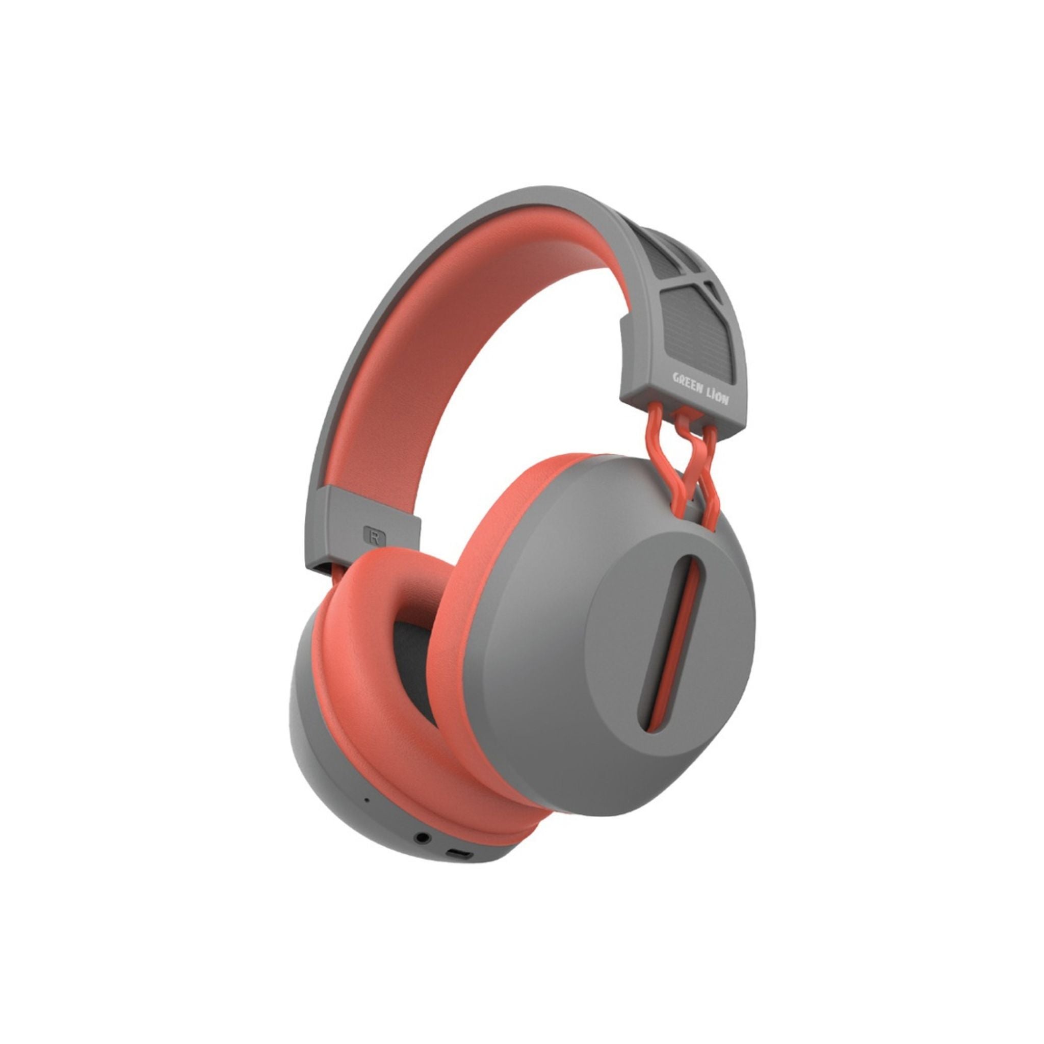 Over-ear headphones with gray and red color scheme, featuring a solar charging panel