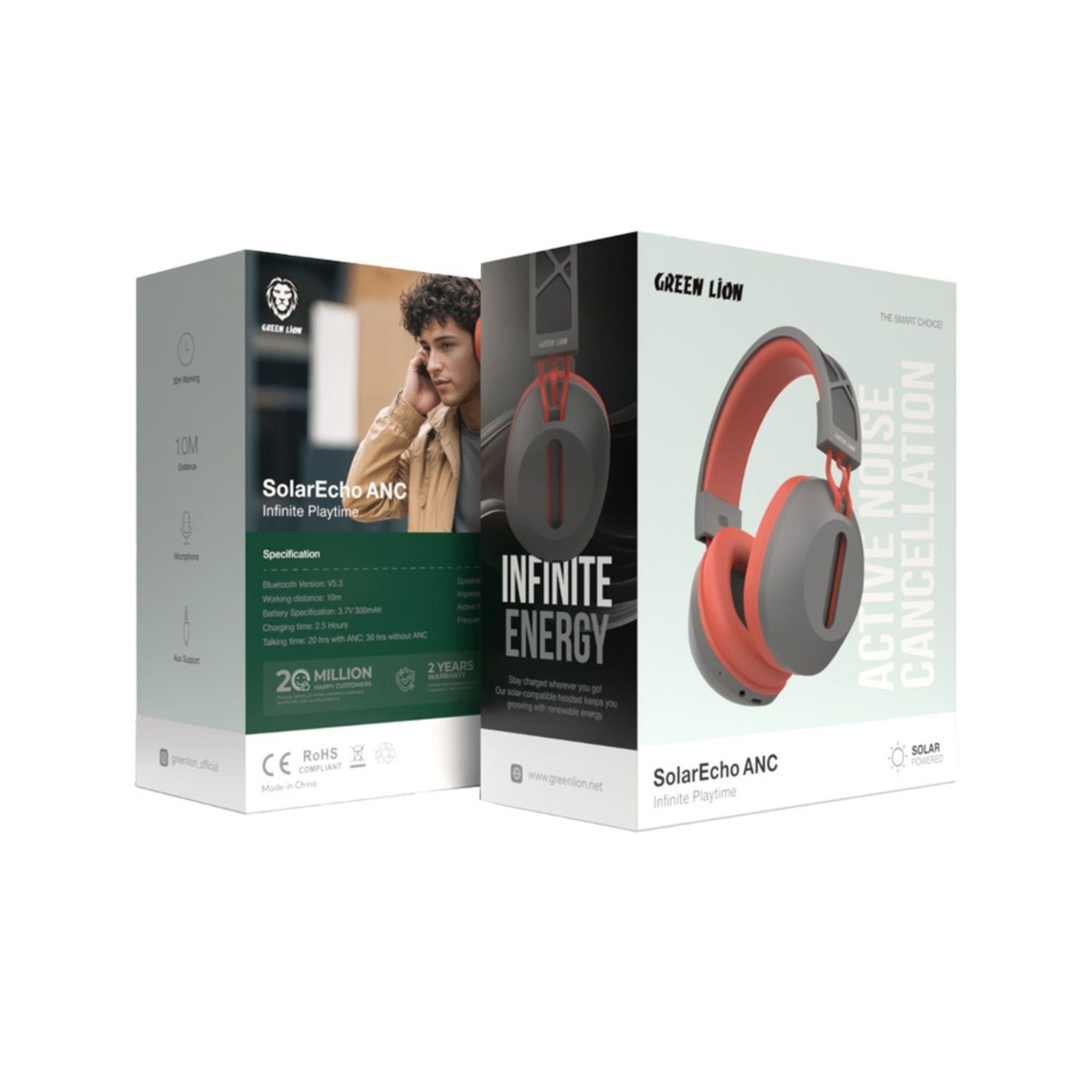 Green Lion SolarEcho ANC Over-Ear Headphones, Up to 30 Hours Talking Time, 10m Working Distance, 40mm Speaker Size, Microphone Available, AUX Support - Gray / Red