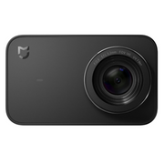 Black action camera with lens on a white background