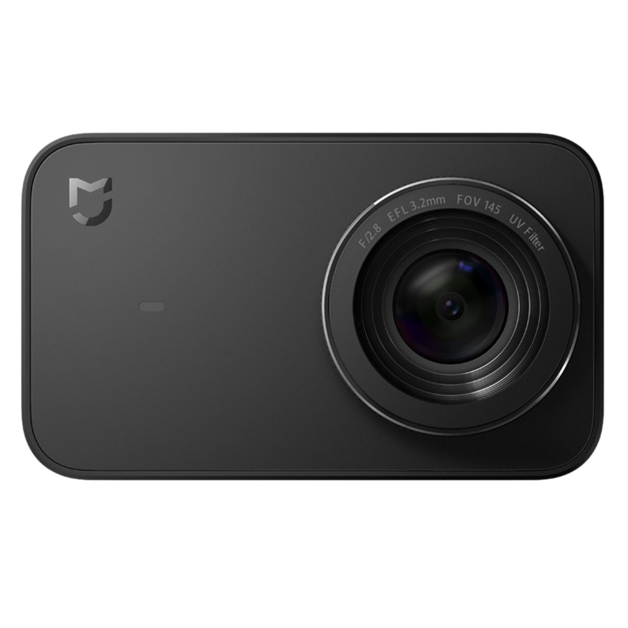 Black action camera with lens on a white background