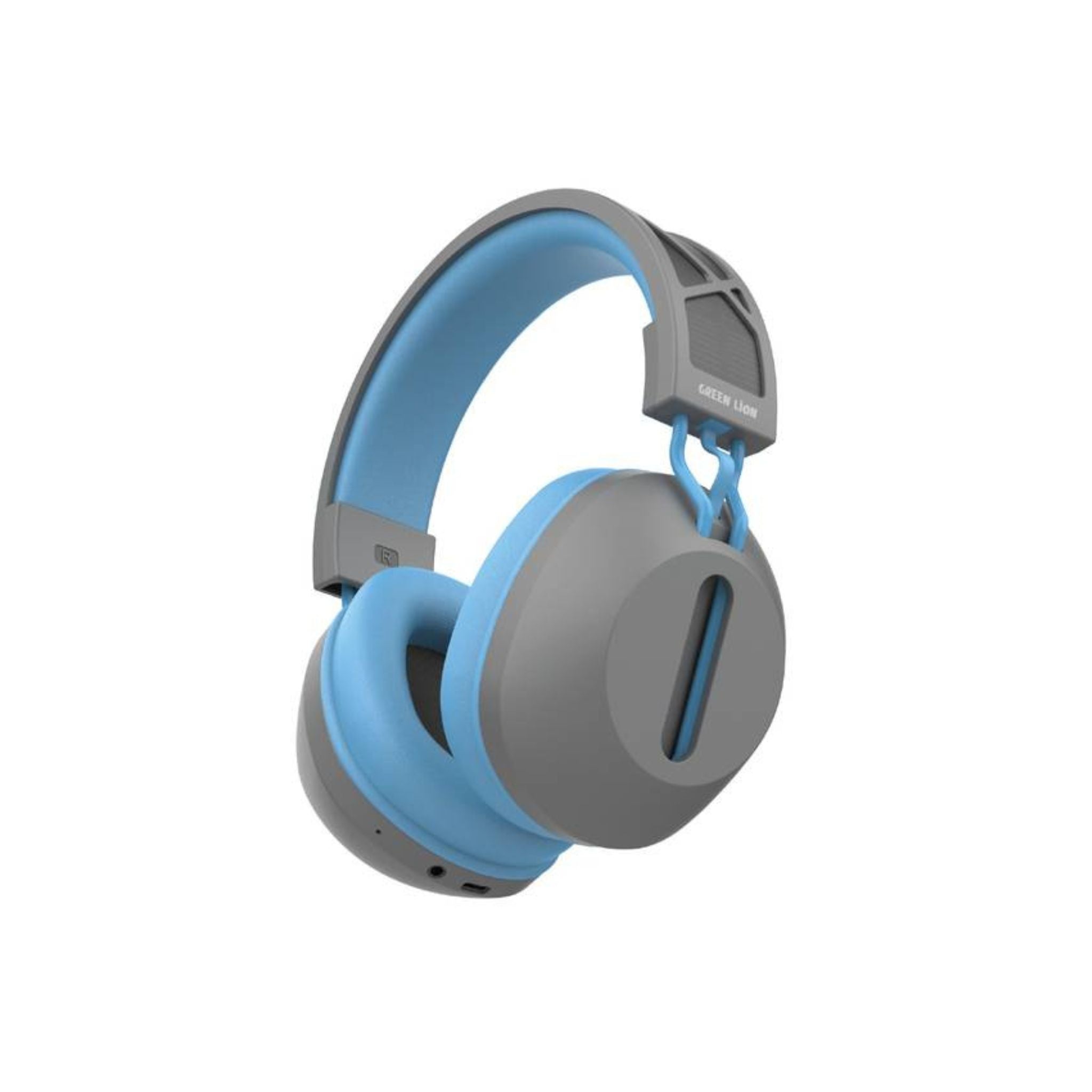 Over-ear headphones with gray and blue padding, featuring a solar panel on the side and branded with 'Green Lion'.
