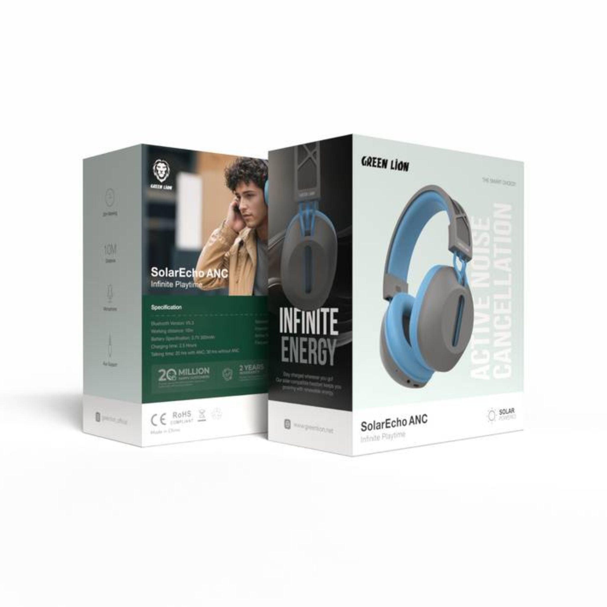 Green Lion SolarEcho ANC Over-Ear Headphones, Up to 30 Hours Talking Time, 10m Working Distance, 40mm Speaker Size, Microphone Available, AUX Support - Gray / Blue