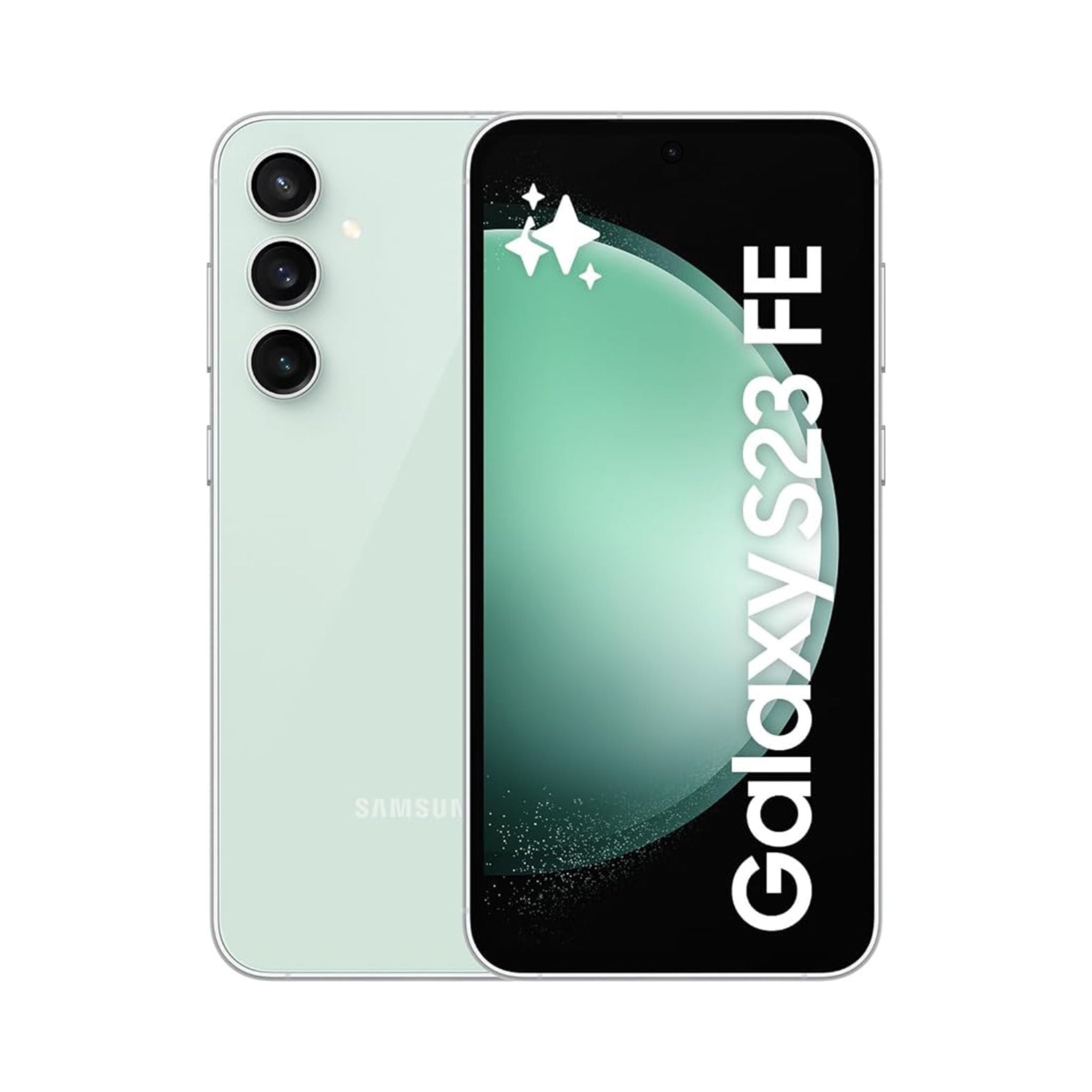Samsung Galaxy S23 FE smartphone in mint color with a dual SIM setup, visible in both landscape and portrait orientations, showcasing the front screen display and rear camera setup.