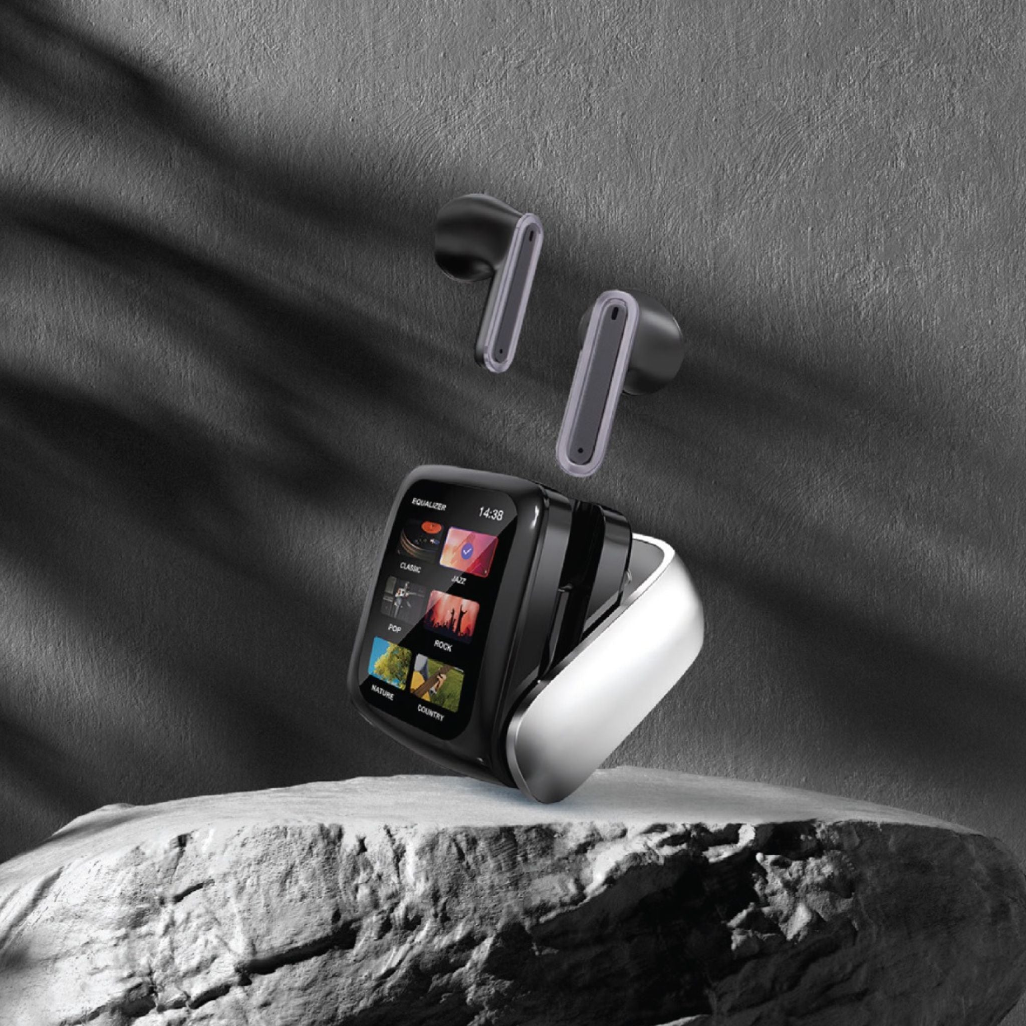 Green Lion Smart Display Earbuds with Multi-Function Touch Screen, Up to 5 Hours Play Time, 13mm Brass Speaker Driver, 500 mAh Charging Case Battery, Environmental Noise Cancellation Technology - Black